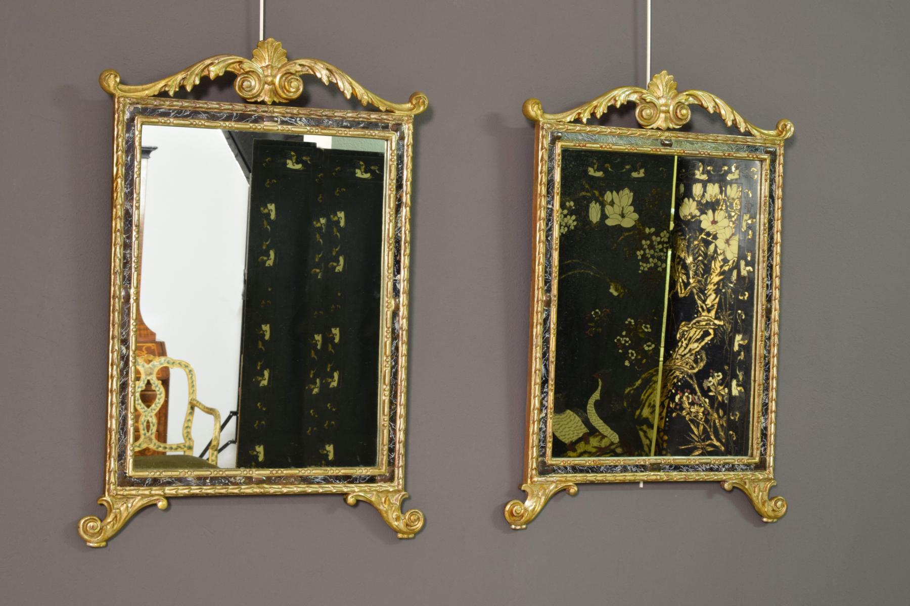 18th century, pair of Italian neoclassical carved and giltwood mirrors
Size H 70 x W maximum 50 x W 43.5 frame x D 3.

The pair of delightful mirrors was made in south of Italy (Sicily) in the neoclassical period, towards the end of the 18th