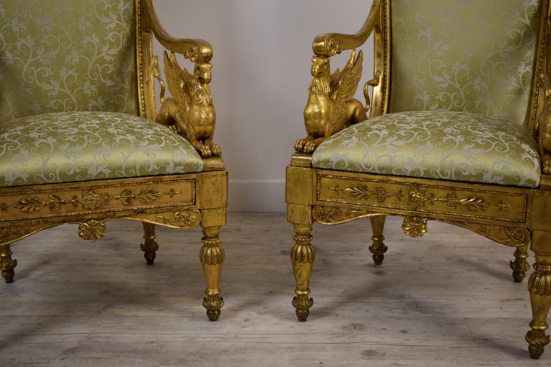 18th Century, Pair of Italian Neoclassical Carved Giltwood Armchairs 9