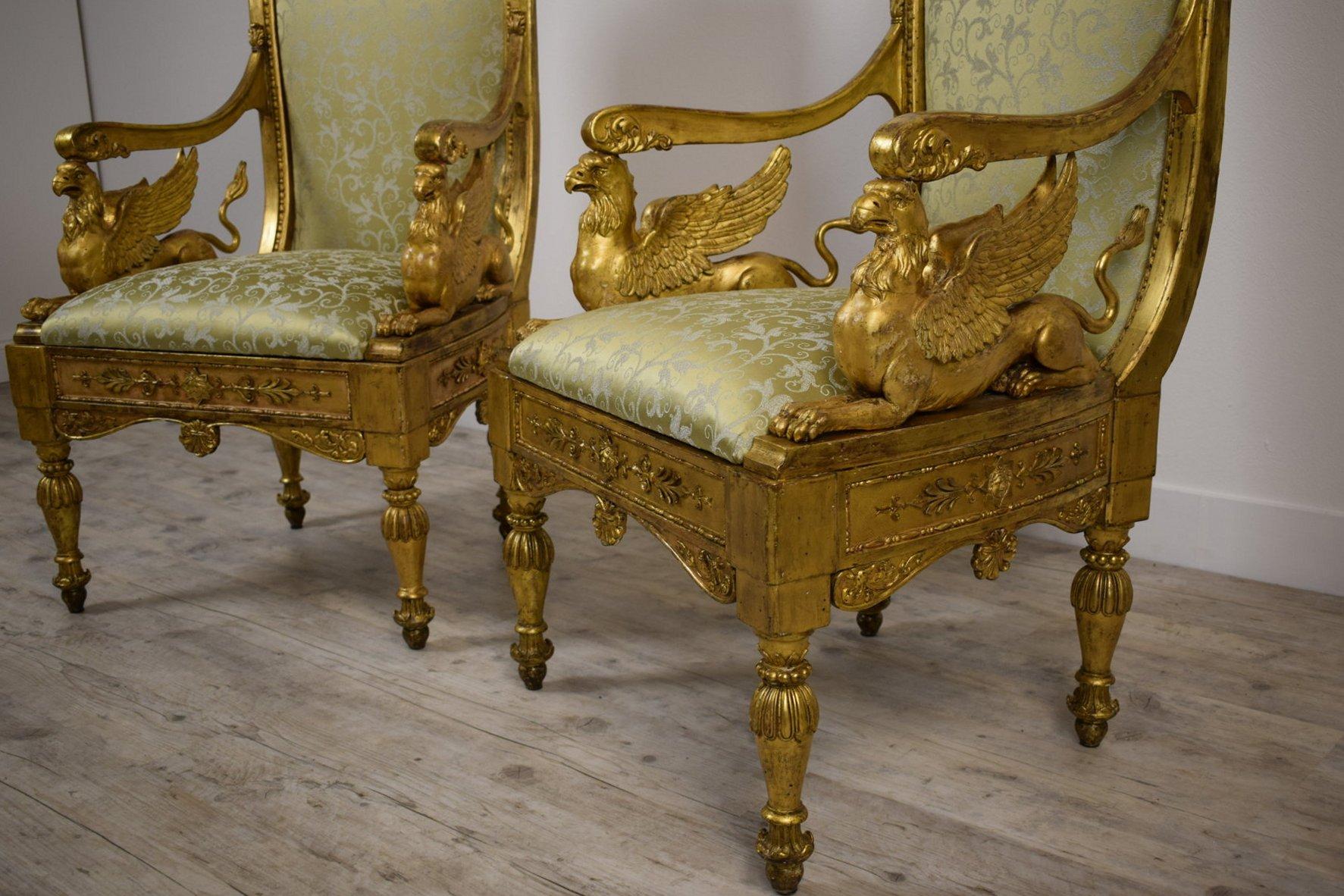 18th Century, Pair of Italian Neoclassical Carved Giltwood Armchairs 17