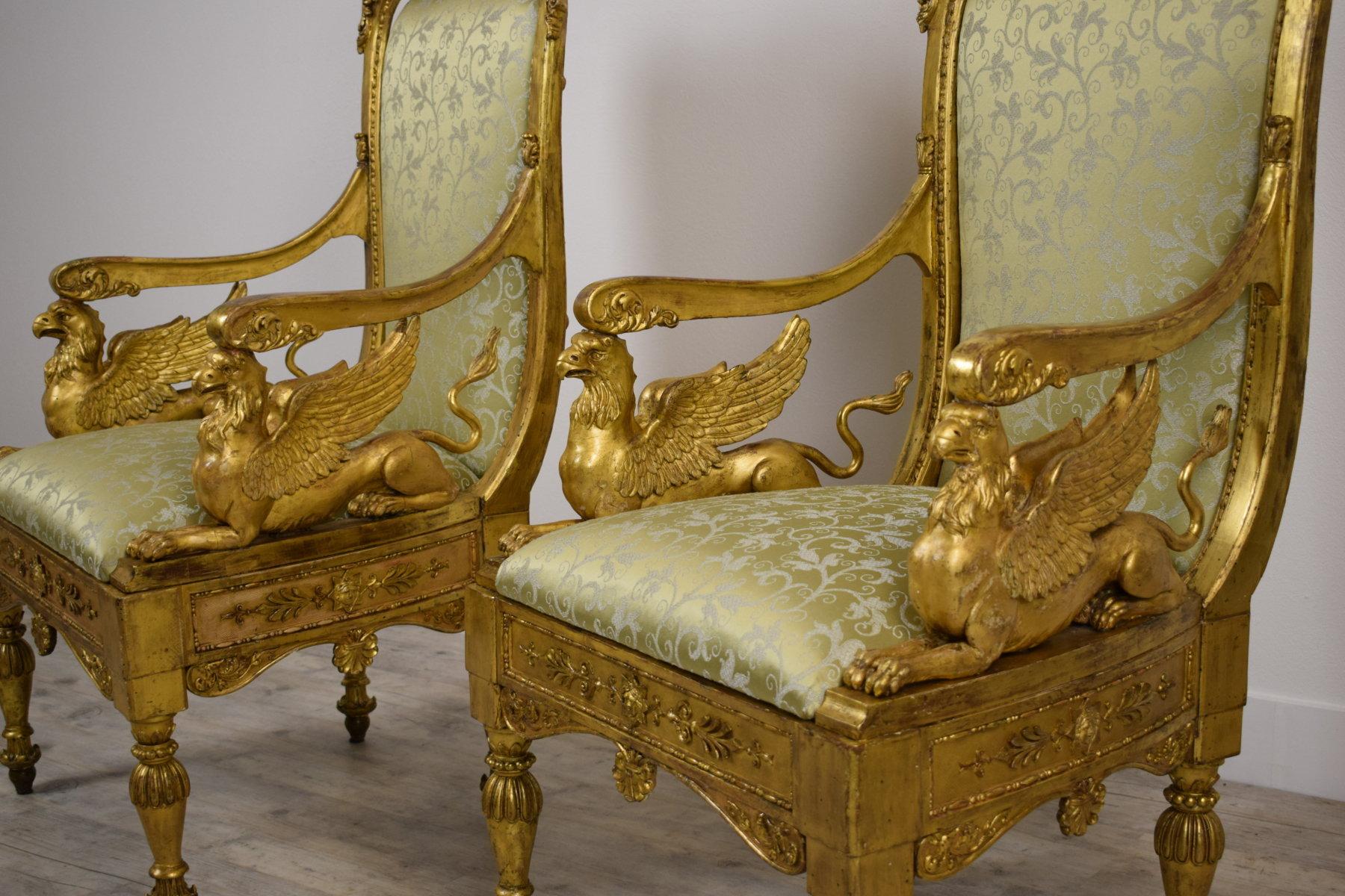 18th Century and Earlier 18th Century, Pair of Italian Neoclassical Carved Giltwood Armchairs