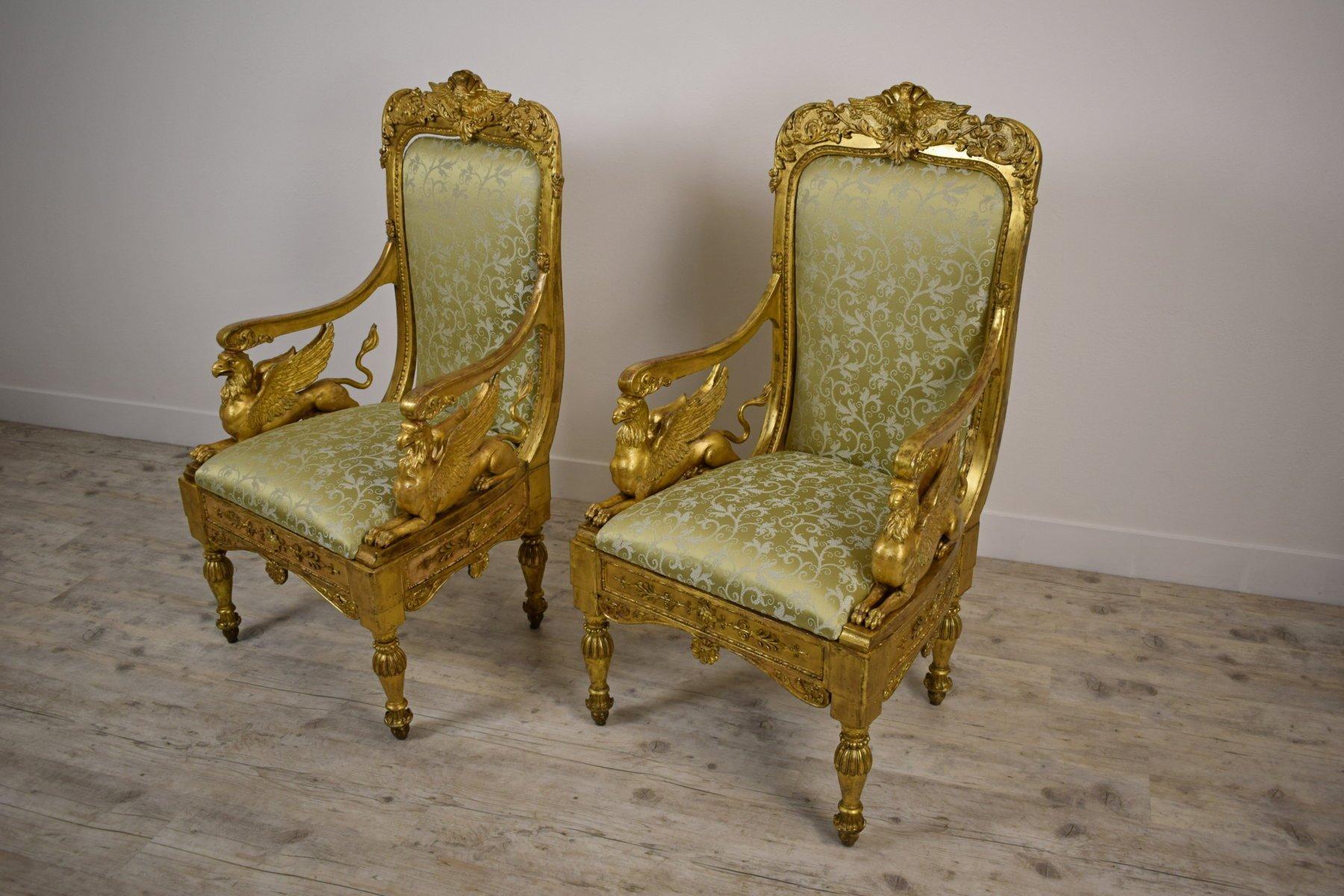 18th Century, Pair of Italian Neoclassical Carved Giltwood Armchairs 1