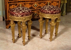 18th Century, Pair of Italian Neoclassical Carved Giltwood Stools