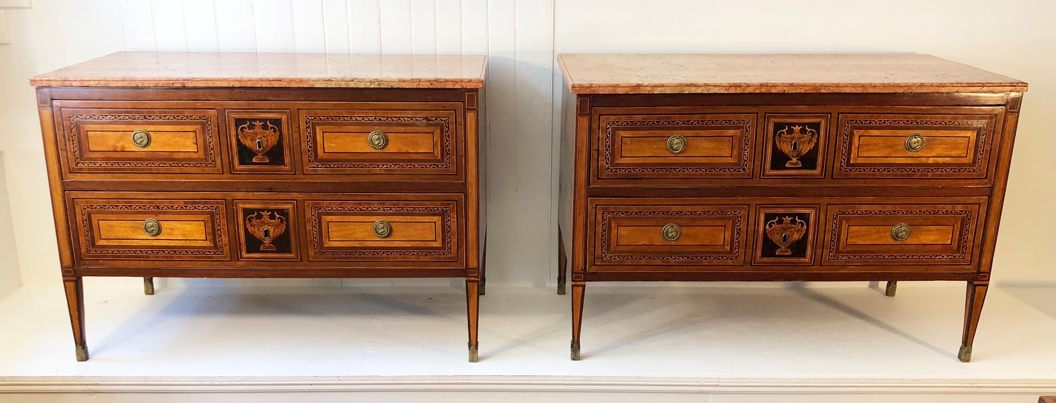 18th Century Pair of Italian Neoclassical Commodes with Bookmatched Marble Tops 8