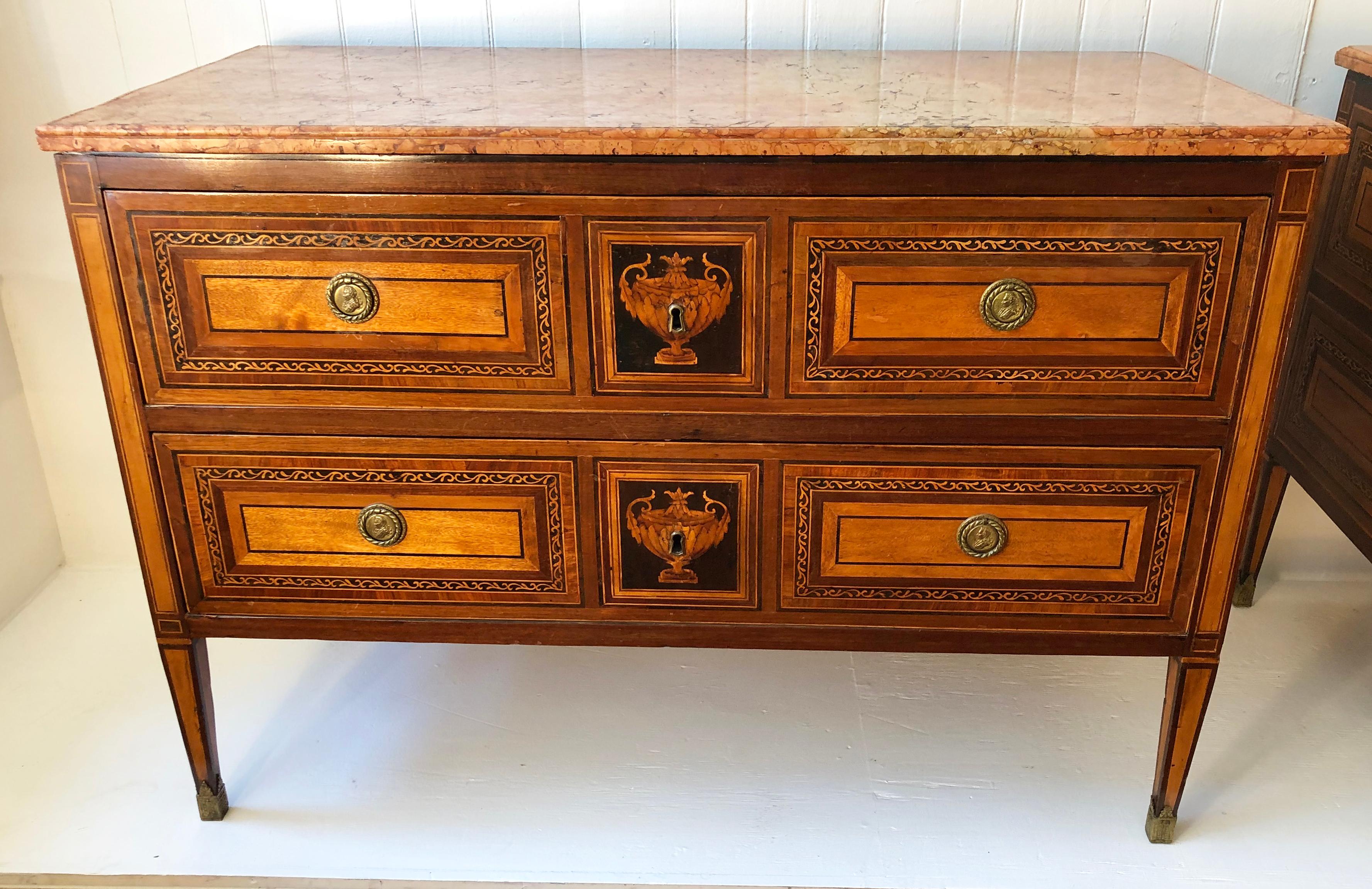 18th Century Pair of Italian Neoclassical Commodes with Bookmatched Marble Tops In Good Condition In Charleston, SC