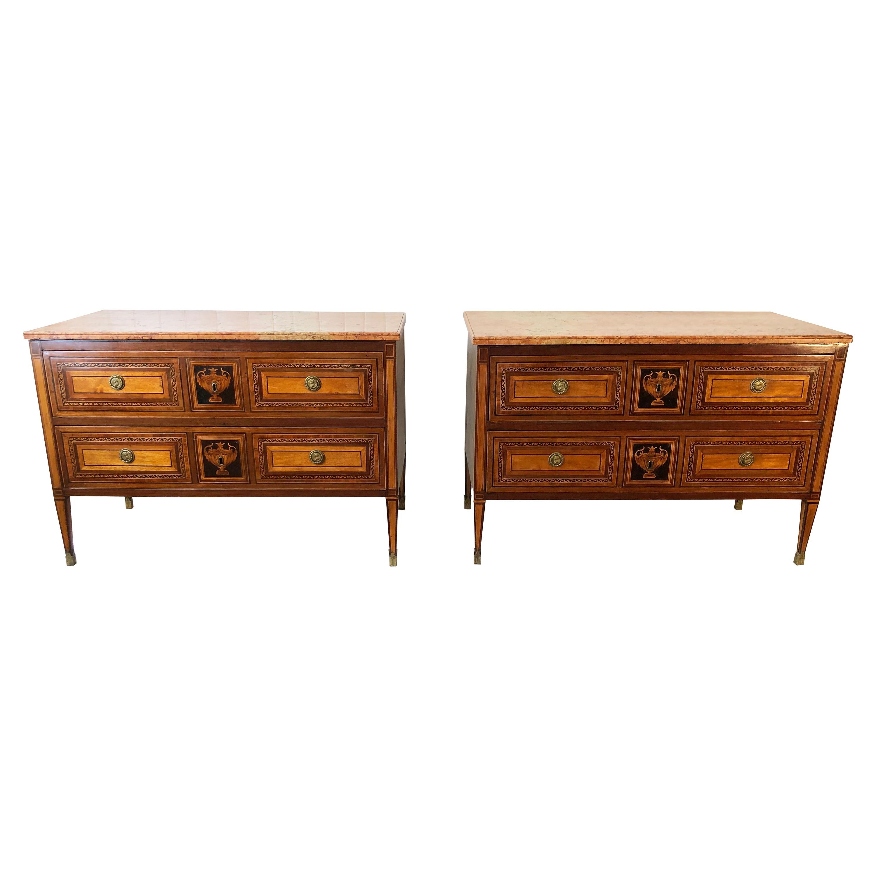 18th Century Pair of Italian Neoclassical Commodes with Bookmatched Marble Tops