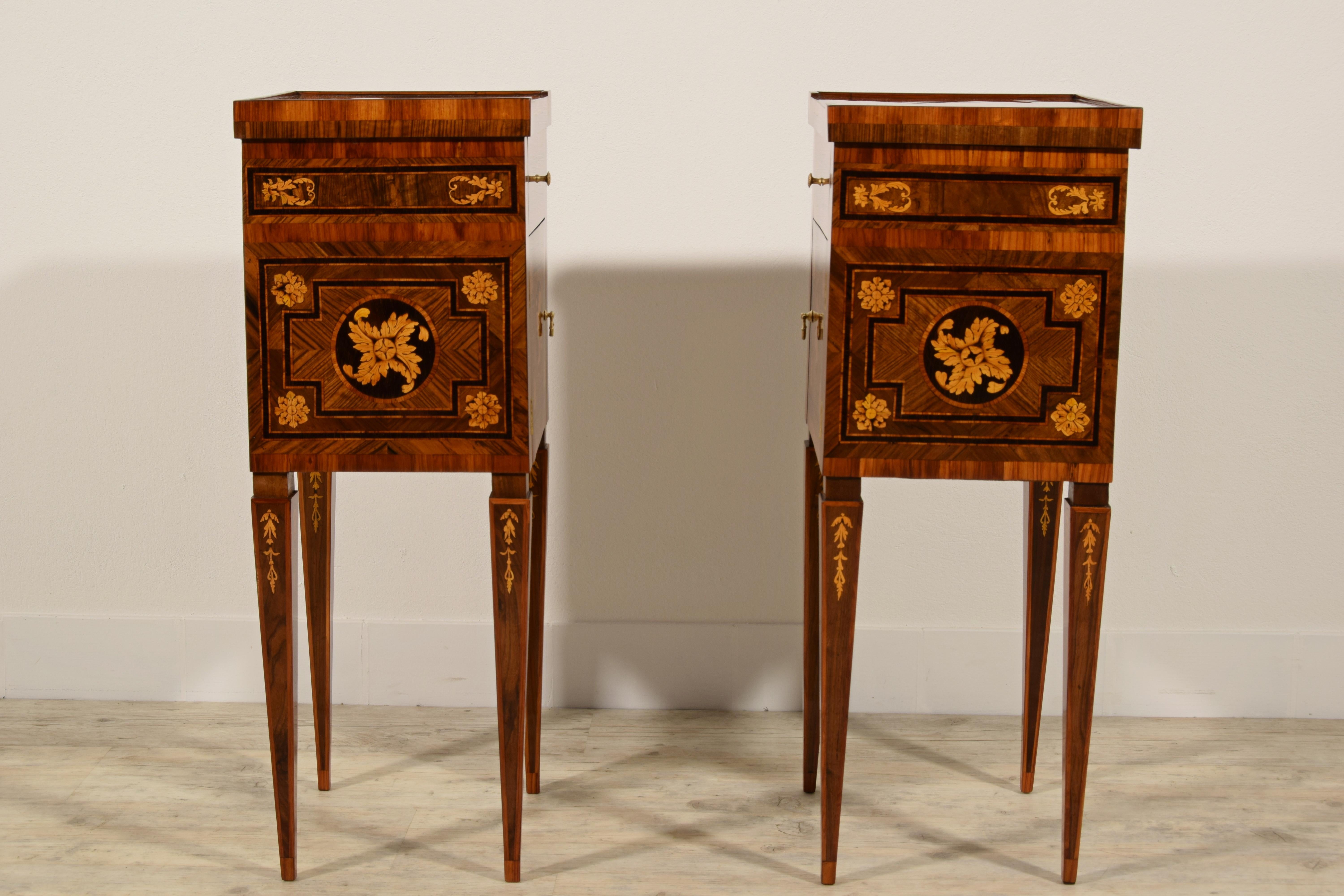 18th Century, Pair of Italian Neoclassical Inlaid Wood Bedside Tables 12