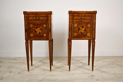 18th Century, Pair of Italian Neoclassical Inlaid Wood Bedside Tables