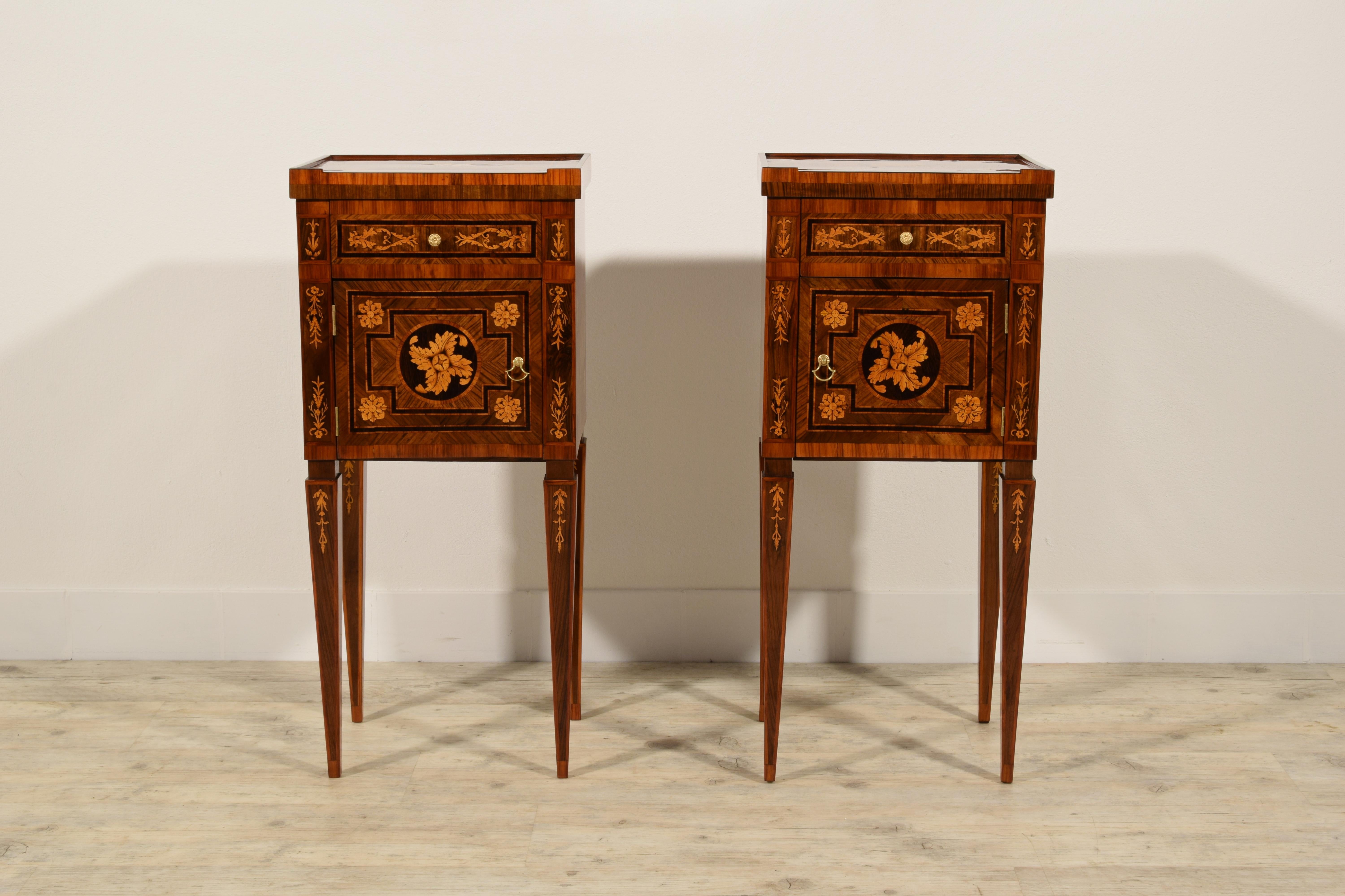 Inlay 18th Century, Pair of Italian Neoclassical Inlaid Wood Bedside Tables