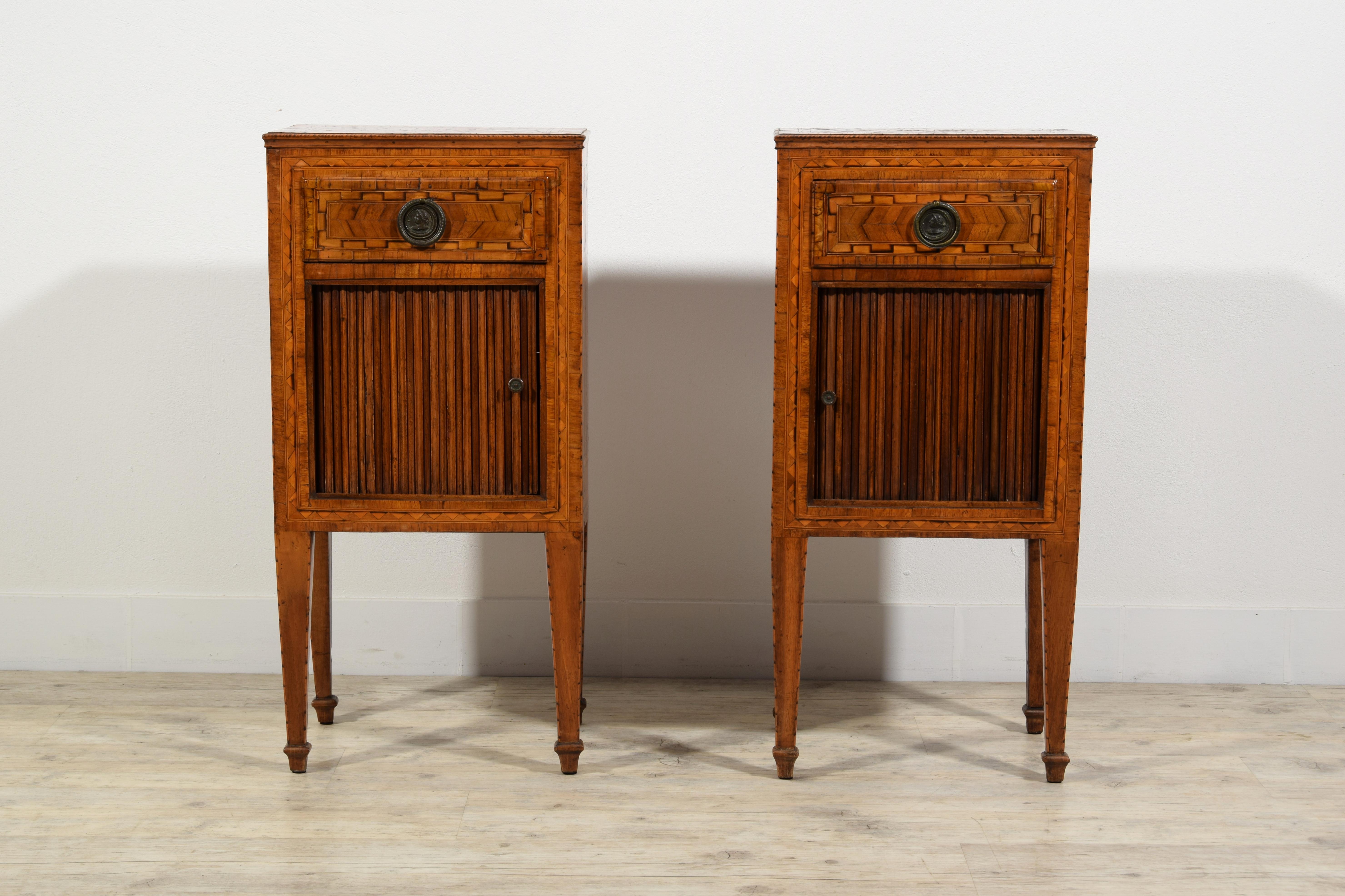 18th Century 18th century, Pair of Italian Neoclassical Inlay Wood Night Stands For Sale