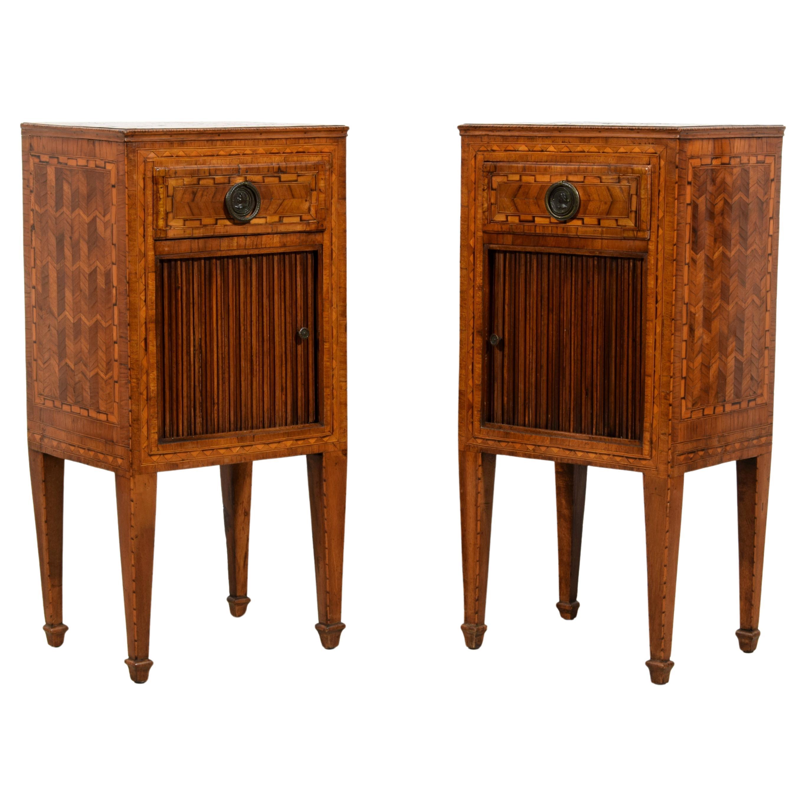 18th century, Pair of Italian Neoclassical Inlay Wood Night Stands