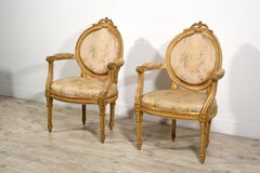18th Century, Pair of Italian Neoclassical Lacquered and Gilt Wood Armchairs