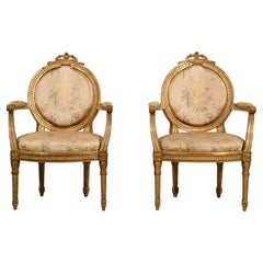 18th Century, Pair of Italian Neoclassical Lacquered and Gilt Wood Armchairs