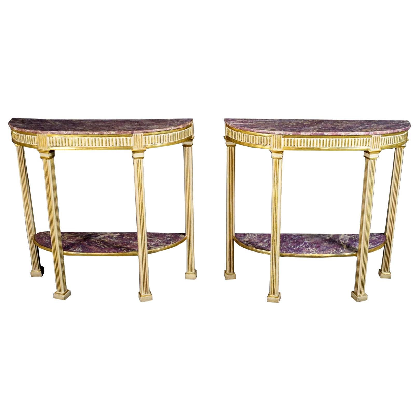 18th Century, Pair of Italian Neoclassical Lacquered and Giltwood Consoles For Sale