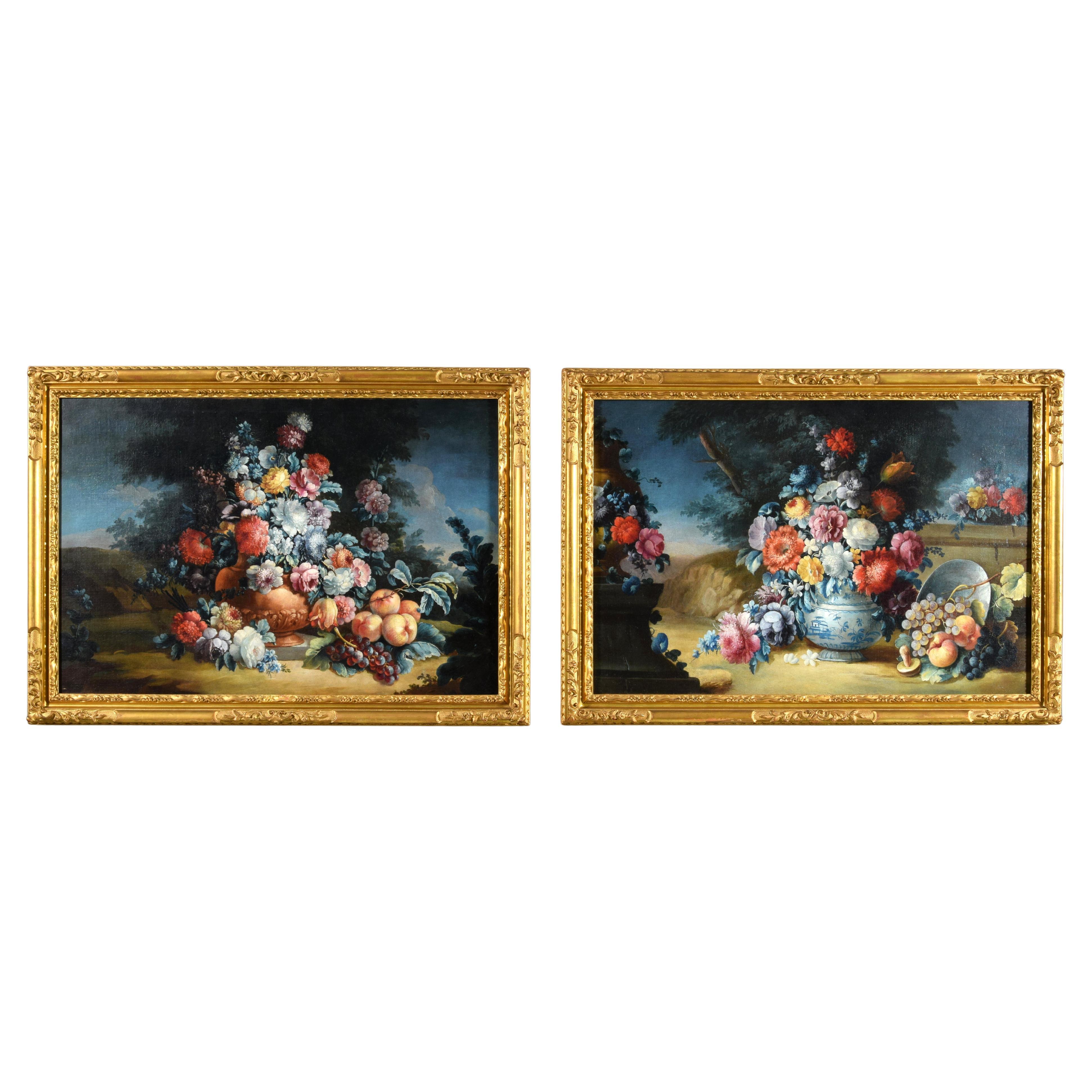 18th Century, Pair of Italian Paintigs with Still Life by Angelo Vacca For Sale