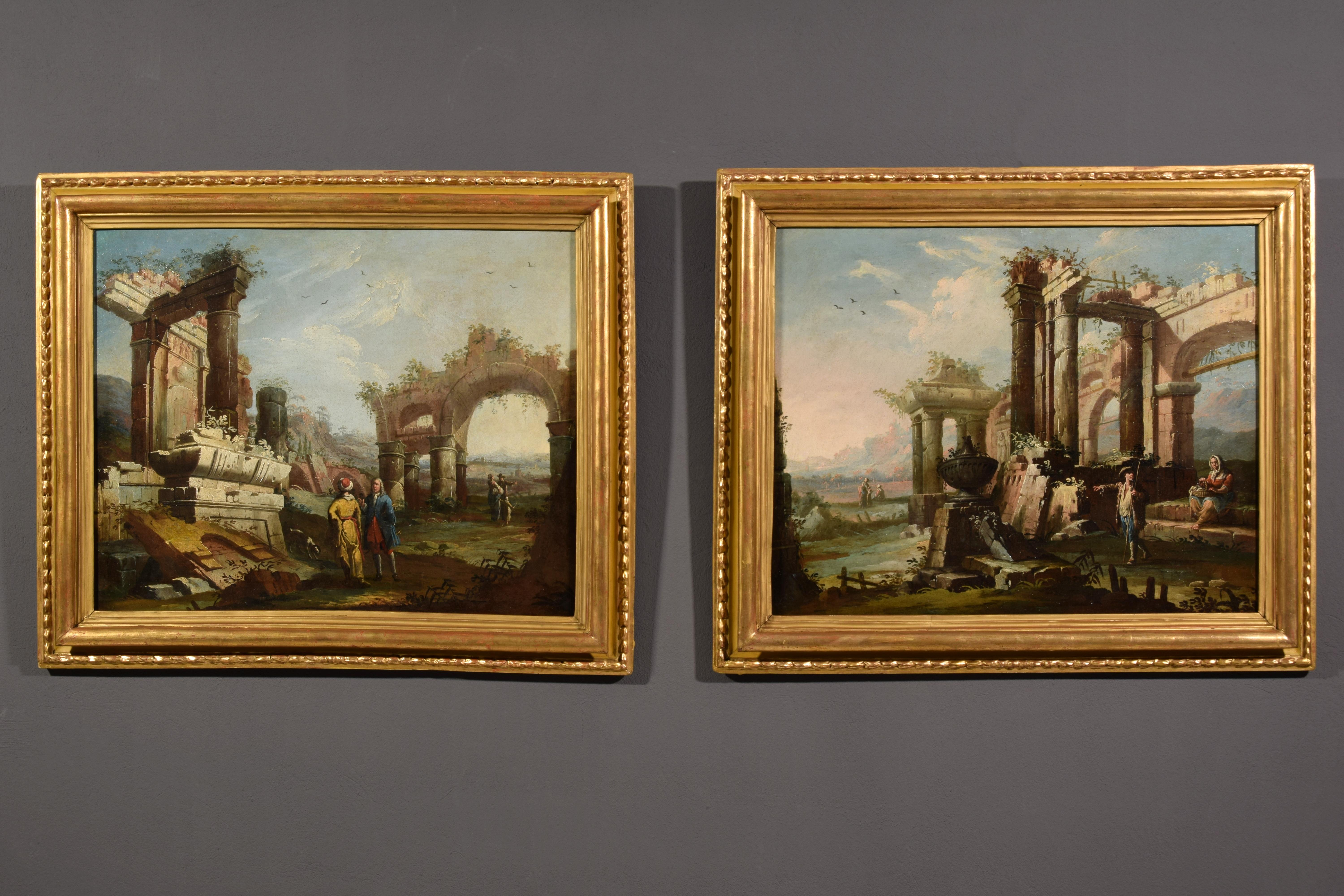 Gaetano Ottani (1720 - 1724 / 1801)
Pair of paintings depicting landscapes with ruins and figures
Measurements: canvas cm W 82 x H 66; with frames cm W 98 x H 82 x d 6

The two valuable paintings, made in oil on canvas, depict landscapes with