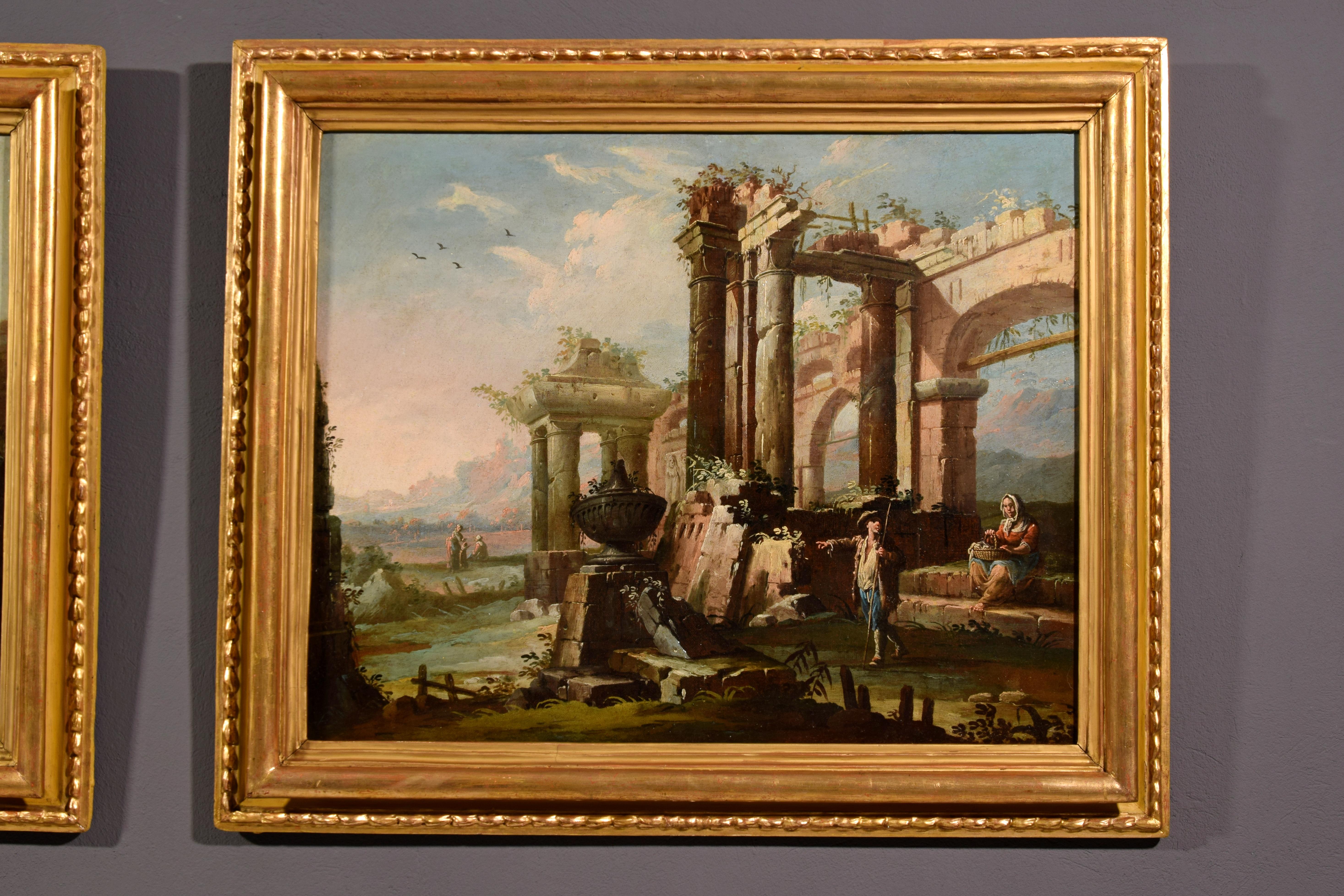 Baroque 18th Century, Pair of Italian Paintings, Landscapes with Ruins by Gaetano Ottani