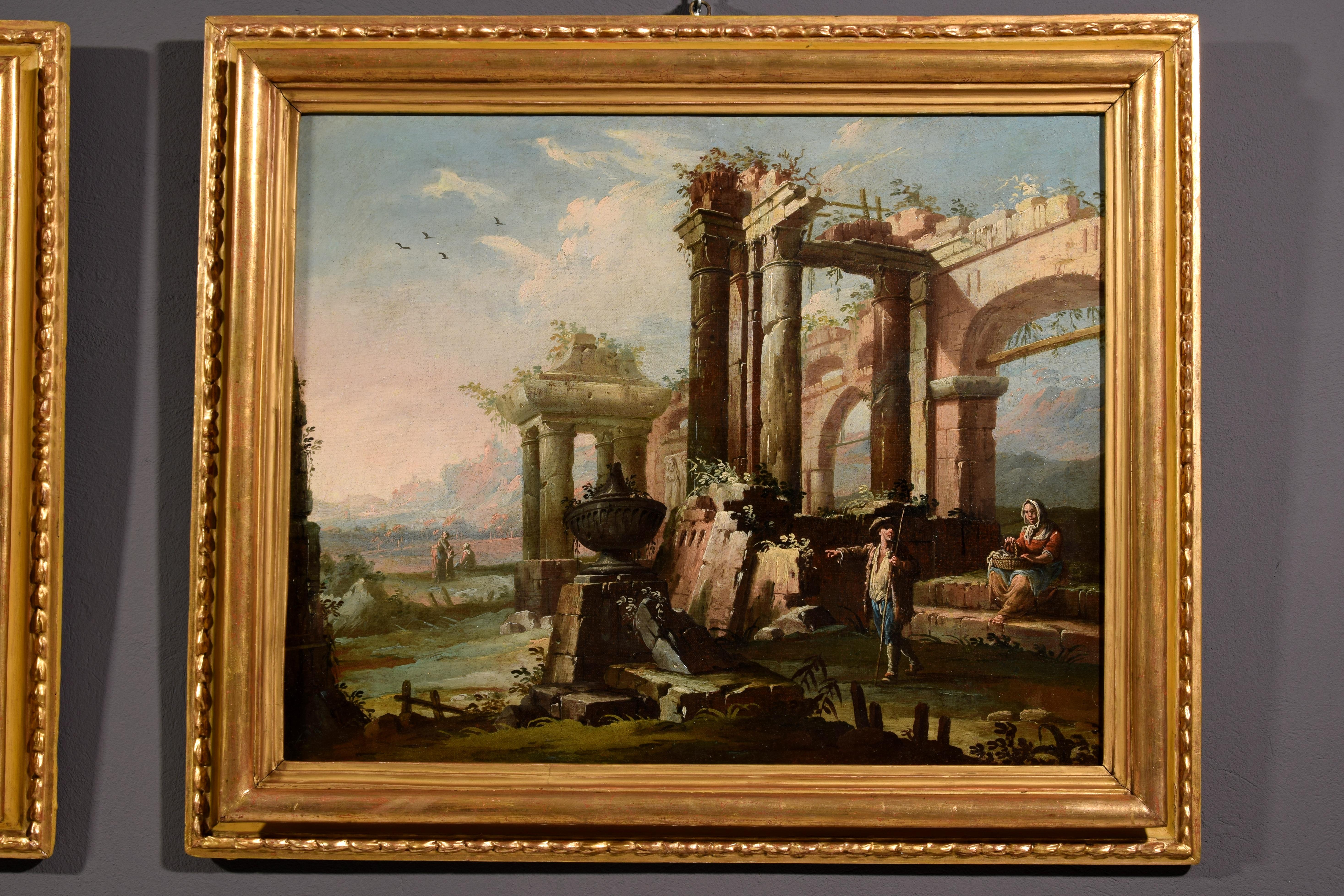 Hand-Carved 18th Century, Pair of Italian Paintings, Landscapes with Ruins by Gaetano Ottani