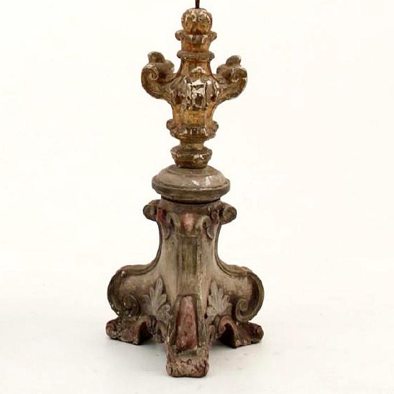 18th Century and Earlier 18th Century Pair of Italian Polychrome Giltwood and Iron Candelabra