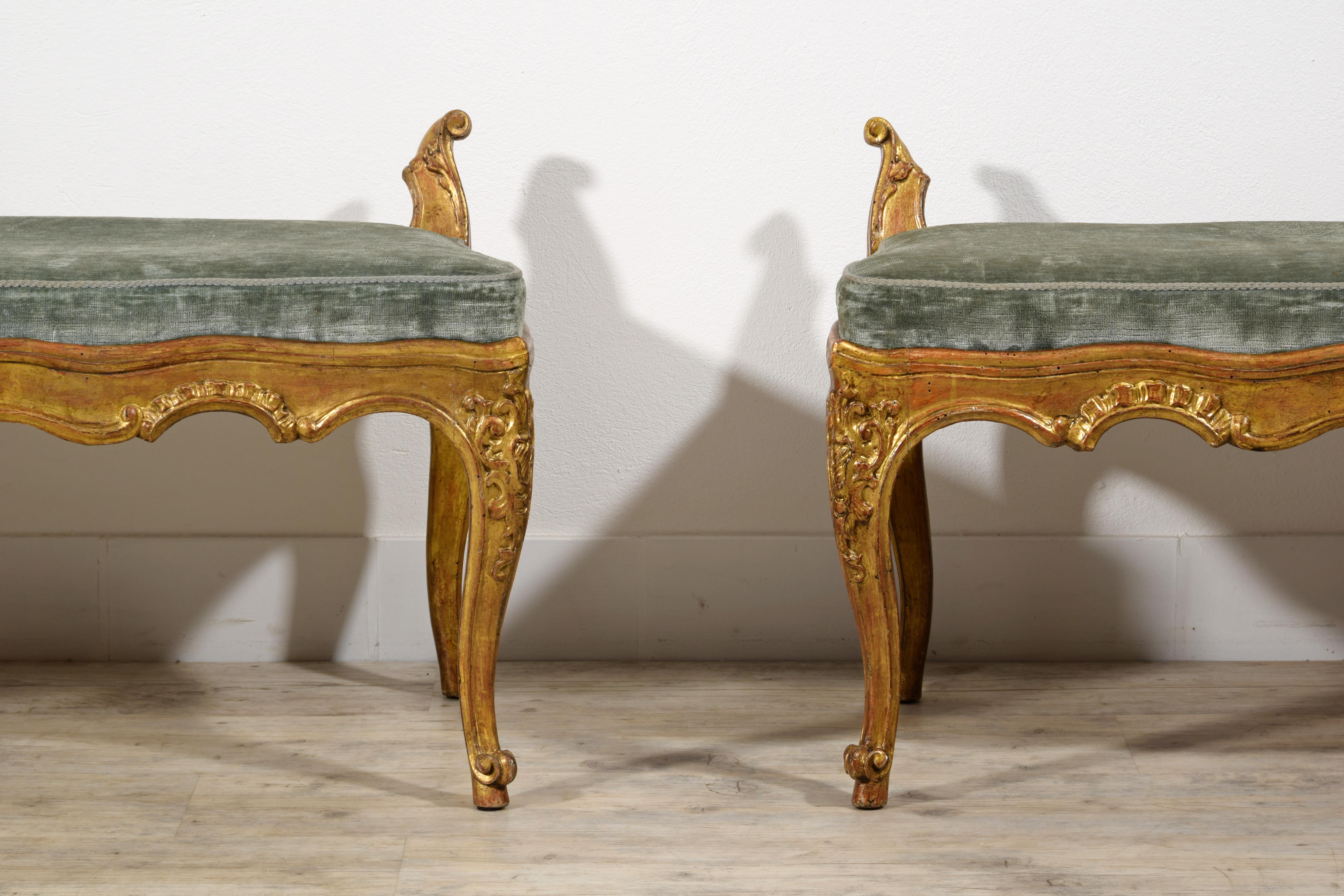 18th Century, Pair of Italian Rococò Carved Giltwood Benches  For Sale 12