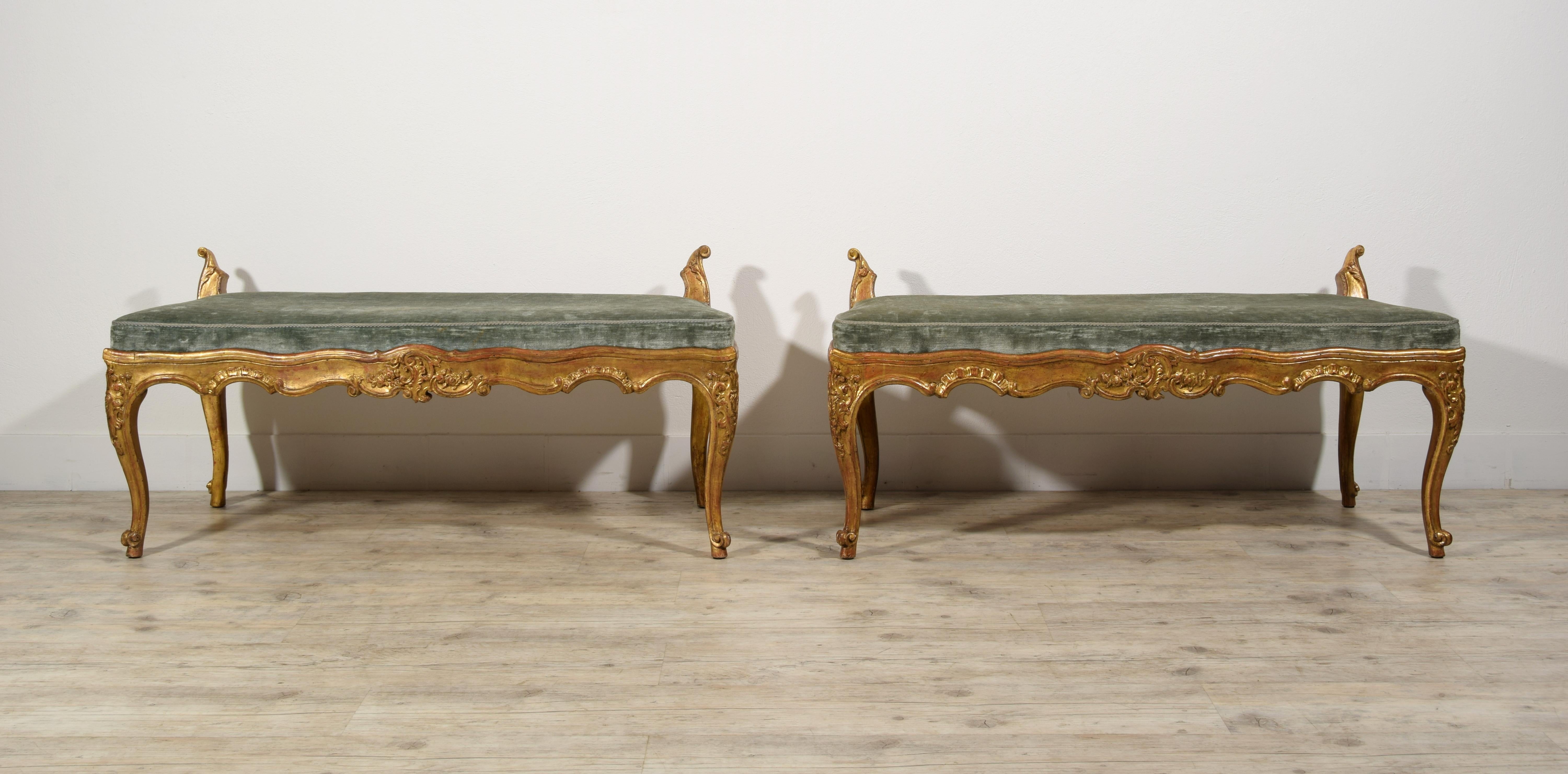 Rococo 18th Century, Pair of Italian Rococò Carved Giltwood Benches  For Sale