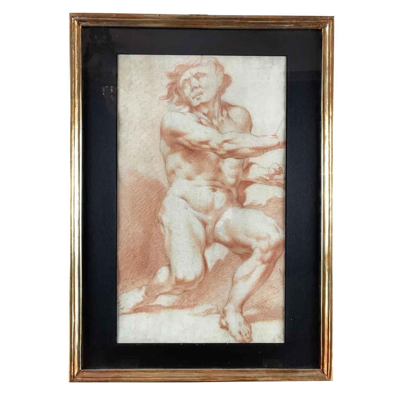 Pair of Italian Drawings after Procaccini  Academic Studies of Nude Male 1780s For Sale 2