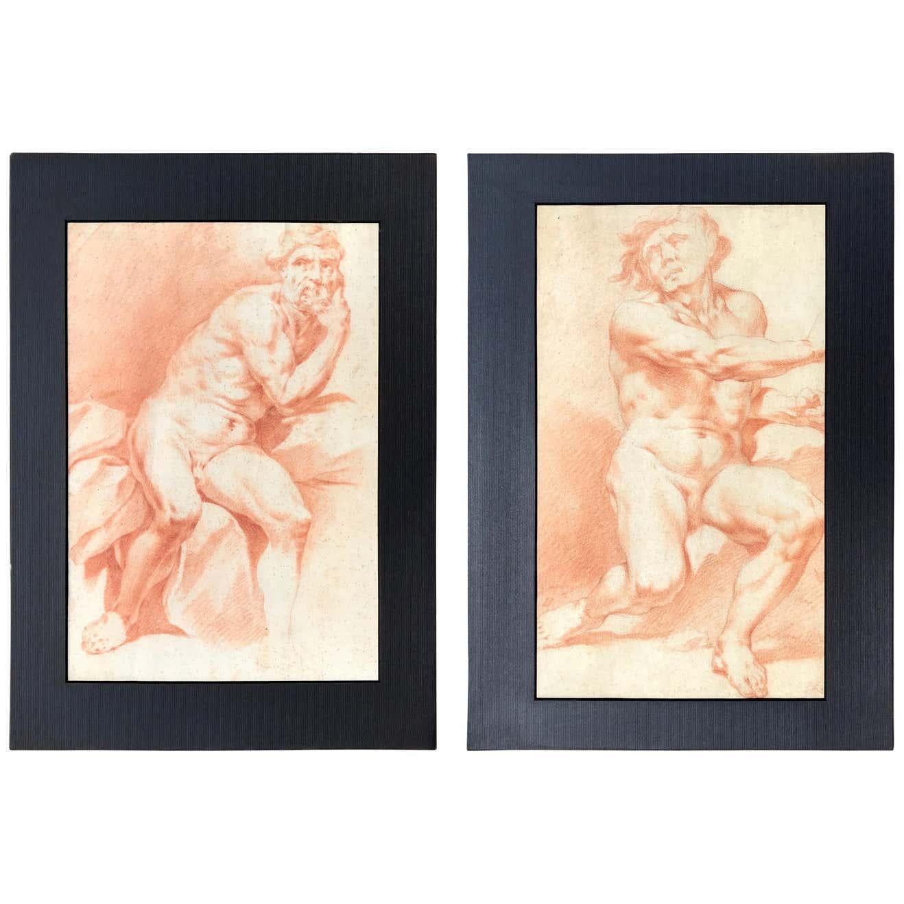 Pair of Italian Drawings after Procaccini  Academic Studies of Nude Male 1780s For Sale 3