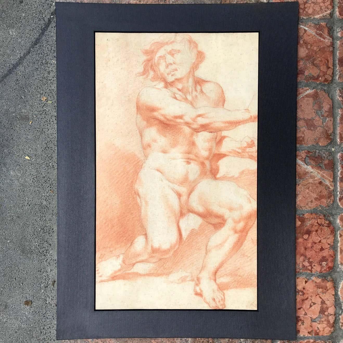 Pair of Neoclassical red sanguine on paper drawings of seated male nudes, two academical study of nude men, Italian drawing works on paper after Procaccini, dating back to late 18th century.
Both works come from a private collection in Milan and are