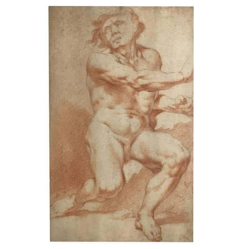 Hand-Crafted Pair of Italian Drawings after Procaccini  Academic Studies of Nude Male 1780s For Sale