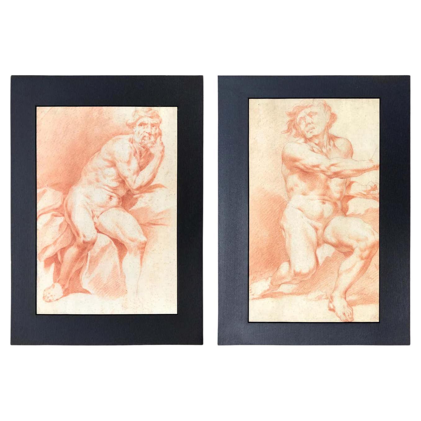 Pair of Italian Drawings after Procaccini  Academic Studies of Nude Male 1780s For Sale