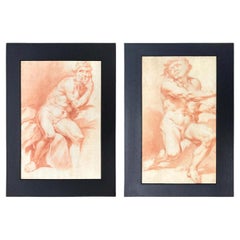 Antique 18th Century Pair of Italian Nude Men Drawings after Procaccini 