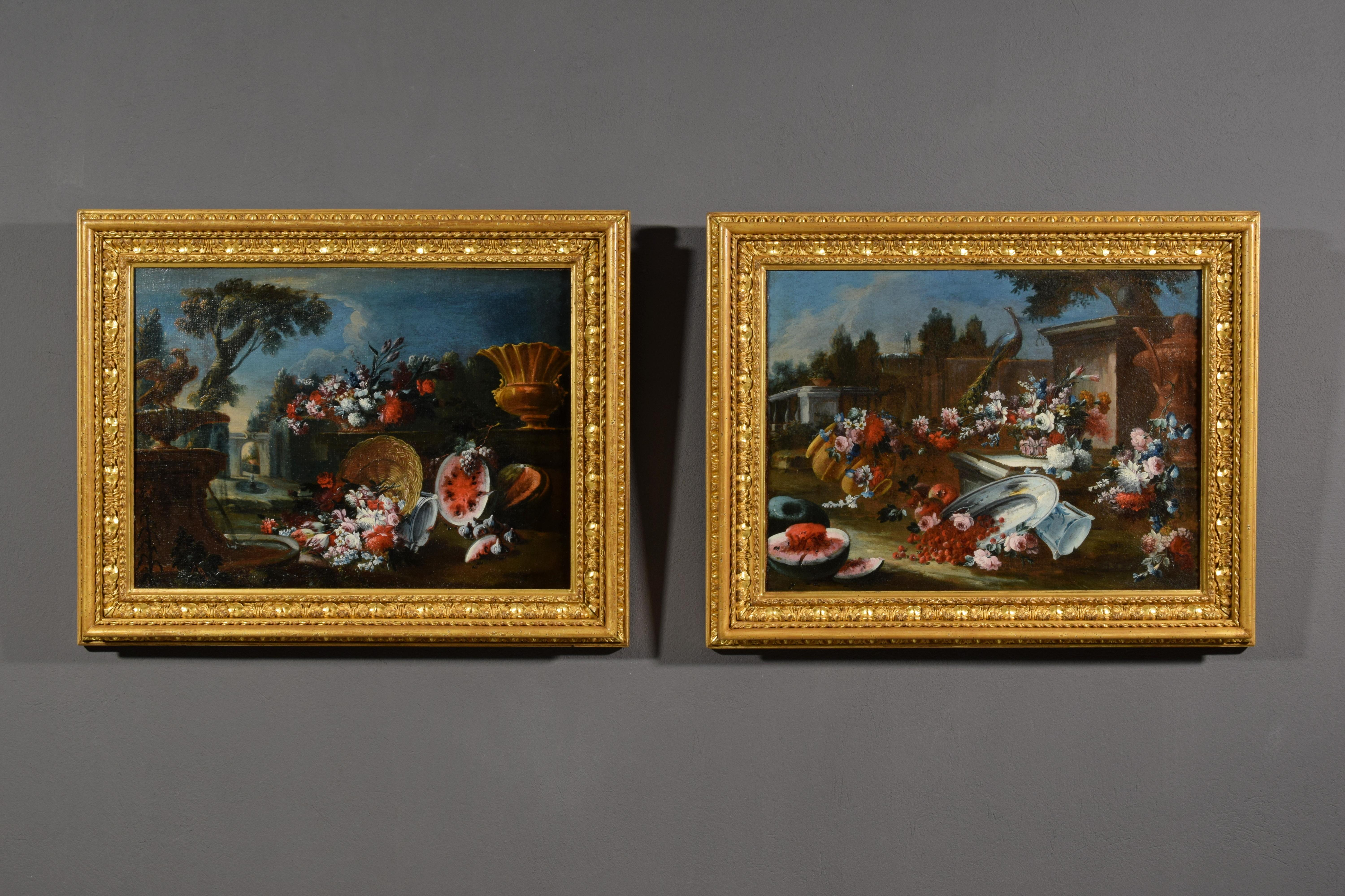 Francesco Lavagna (Italien, Neapel 1684-1724)

Paar von Gemälden, die Stillleben Komposition von Blumen und Wassermelone und Garten im Hintergrund

Die gut erhaltenen Gemälde zeigen prachtvolle Kompositionen von Blumen und Früchten in eleganten