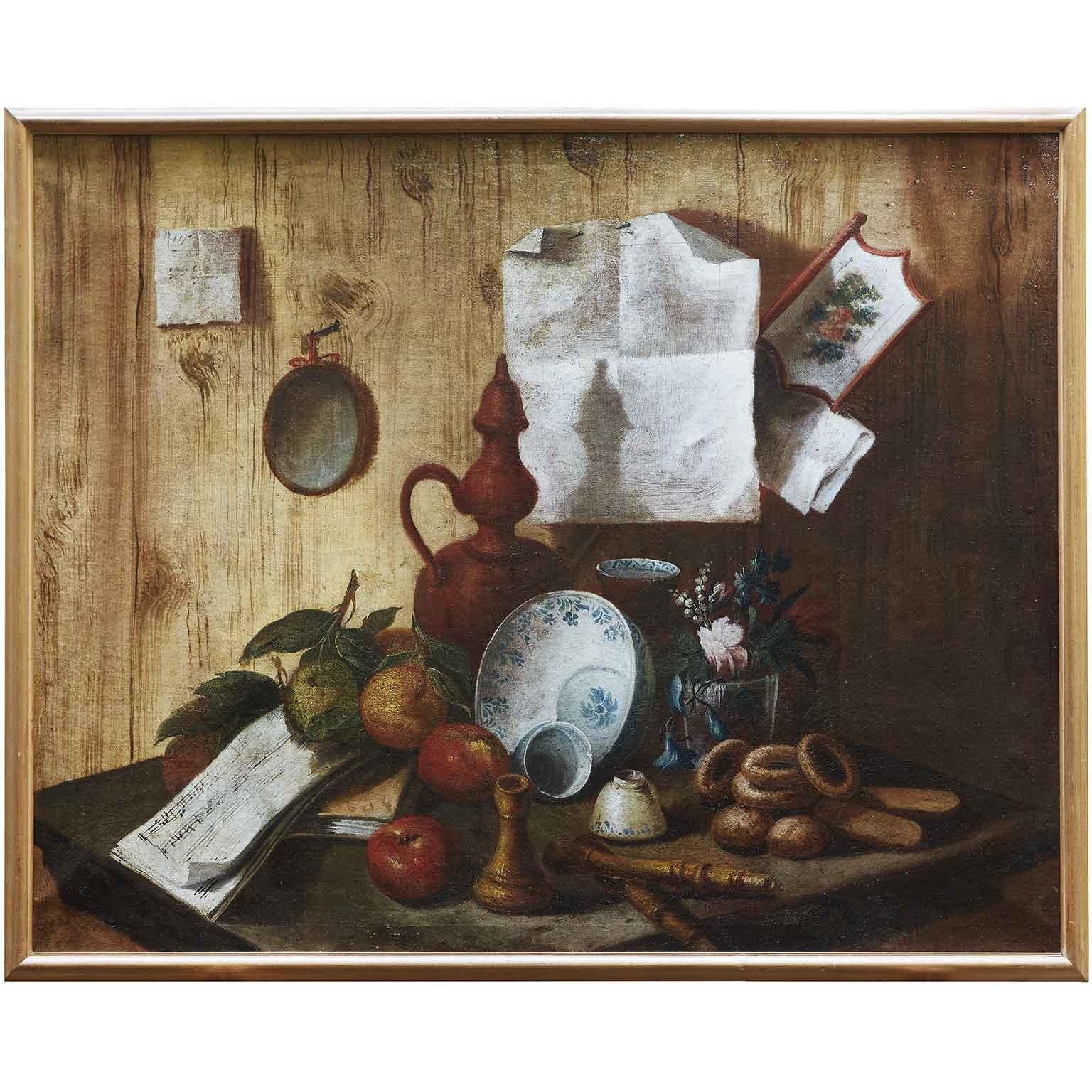 A stunning pair of antique Italian trompe l’oeil still life paintings, a pair of 18th century oil on canvas vision jokes, false still life paintings known as deception paintings by a follower of  Cristoforo Munari (Reggio Emilia 1667- Pisa 1720) of