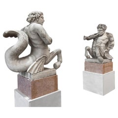 20th Century Pair of Italian Triton Garden Statues - Antique Marble Sculptures