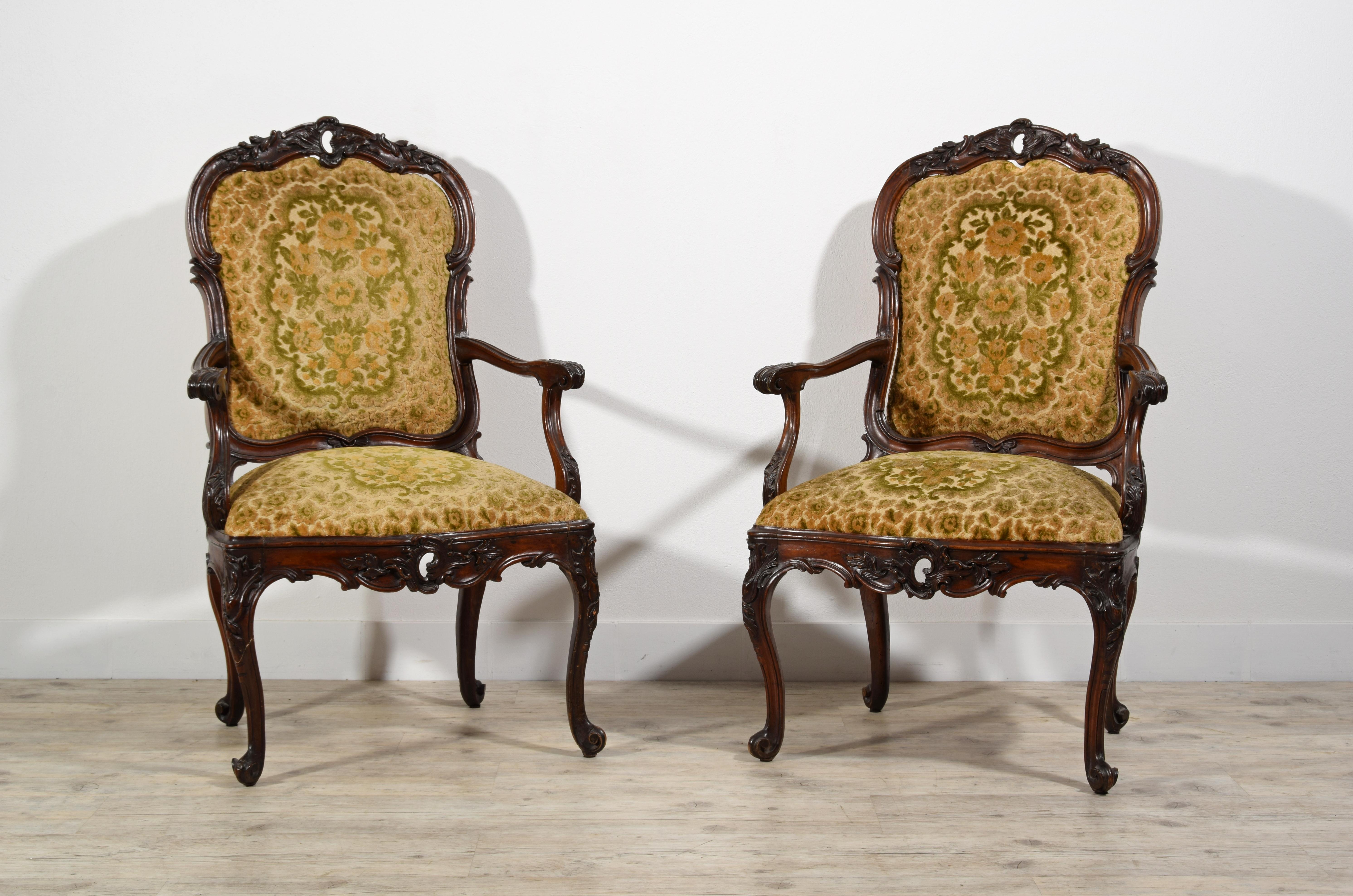 Rococo 18th Century, Pair of Italian Wood Armchairs For Sale