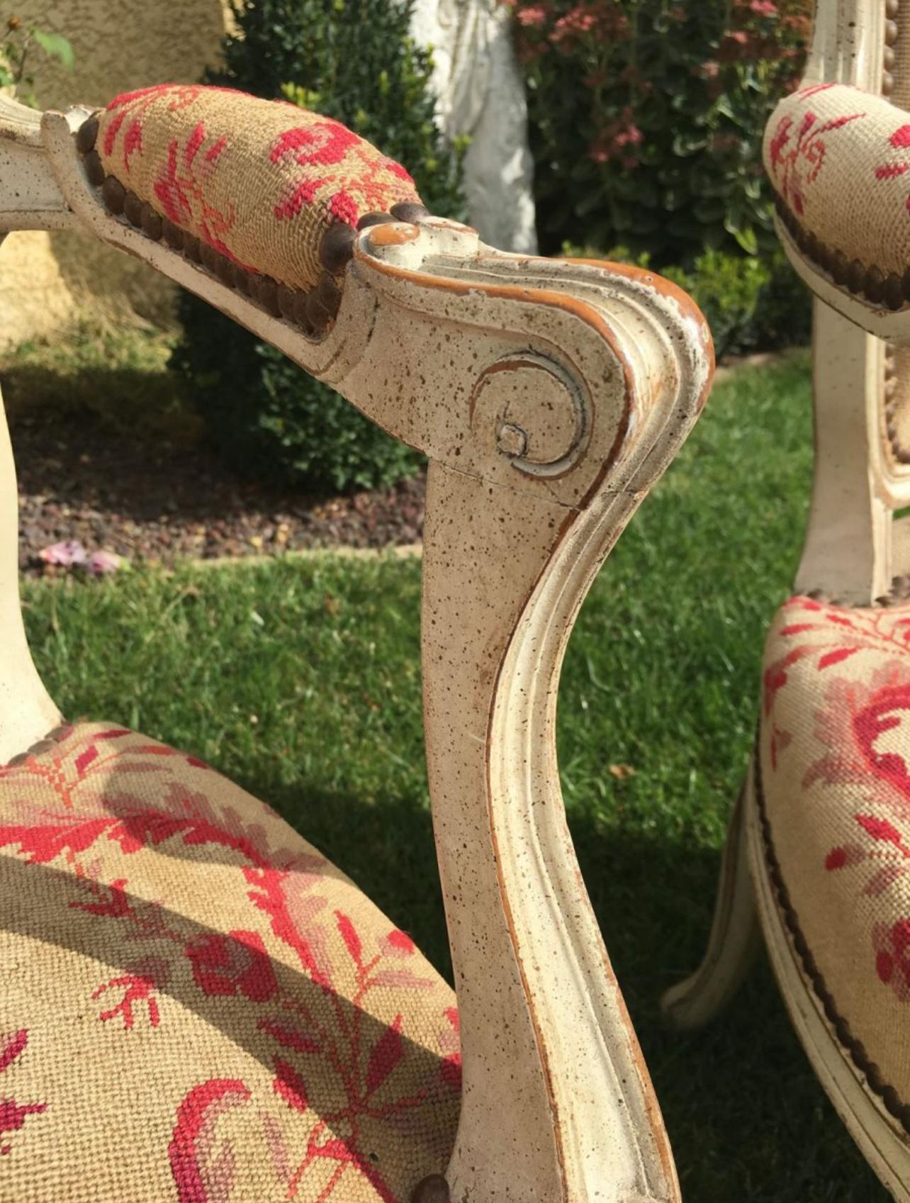 Fabric 18th Century, Pair of Laquered Armchairs, Louis XV Period For Sale