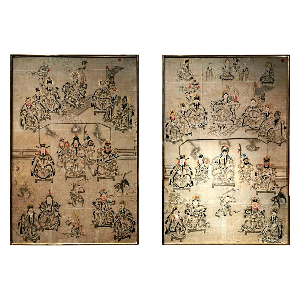 18th Century Pair of Large Chinese Paintings on Paper with Gilded Wooden Frame
