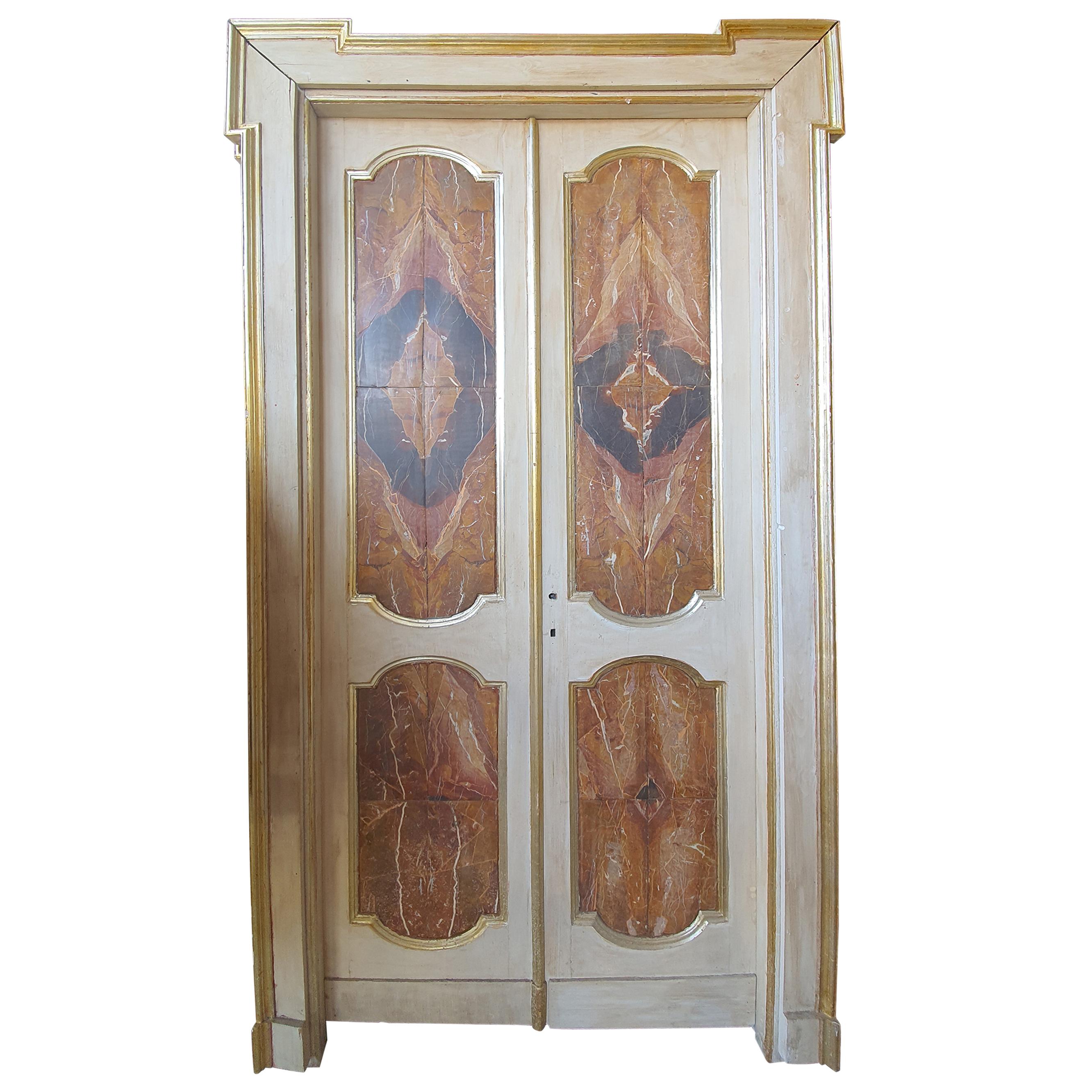 18th Century Pair of Large Doors Wood with Sicilian Jasper Marble