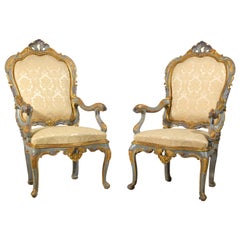 18th Century Pair of Large Venetian barocchetto Lacquered ed Giltwood Armchairs