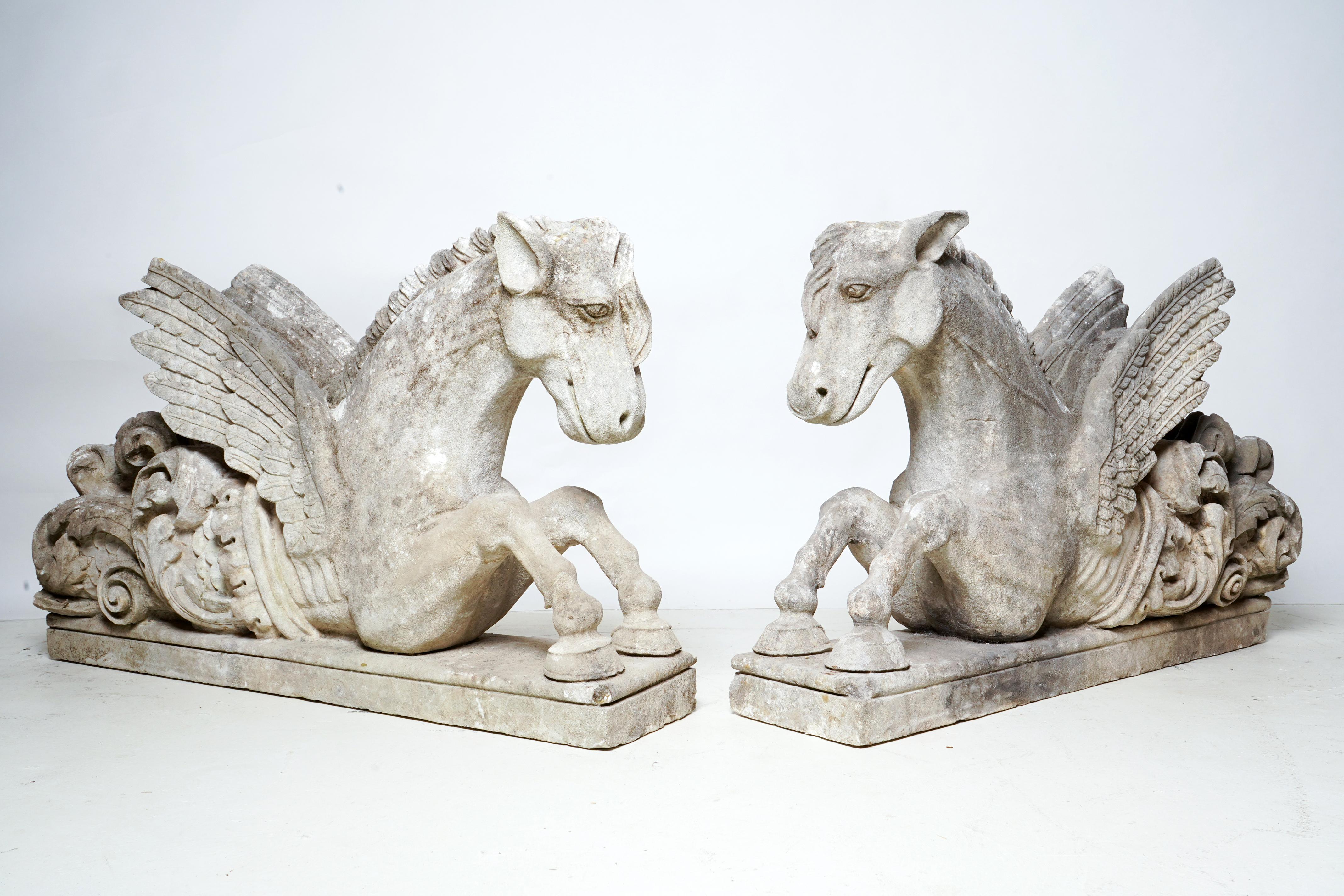 This extraordinary pair of winged horses once graced the entrance to a Sicilian palazzo, flanking a stairway. 
They are quite large and well-preserved for their age.  They are very well formed with delicately-scaled front legs and small,
