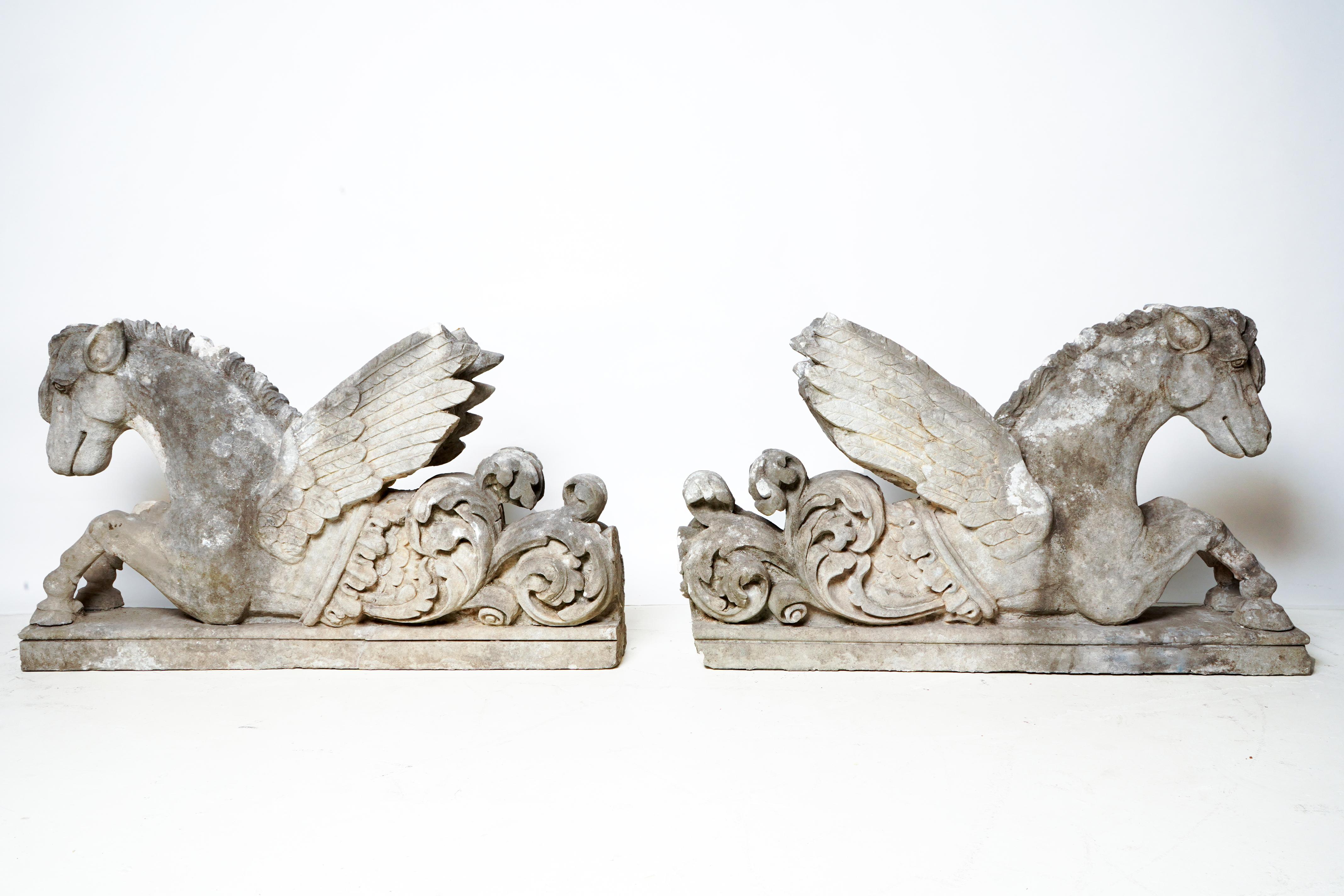 Italian 18th Century Pair of Limestone Winged Horses For Sale