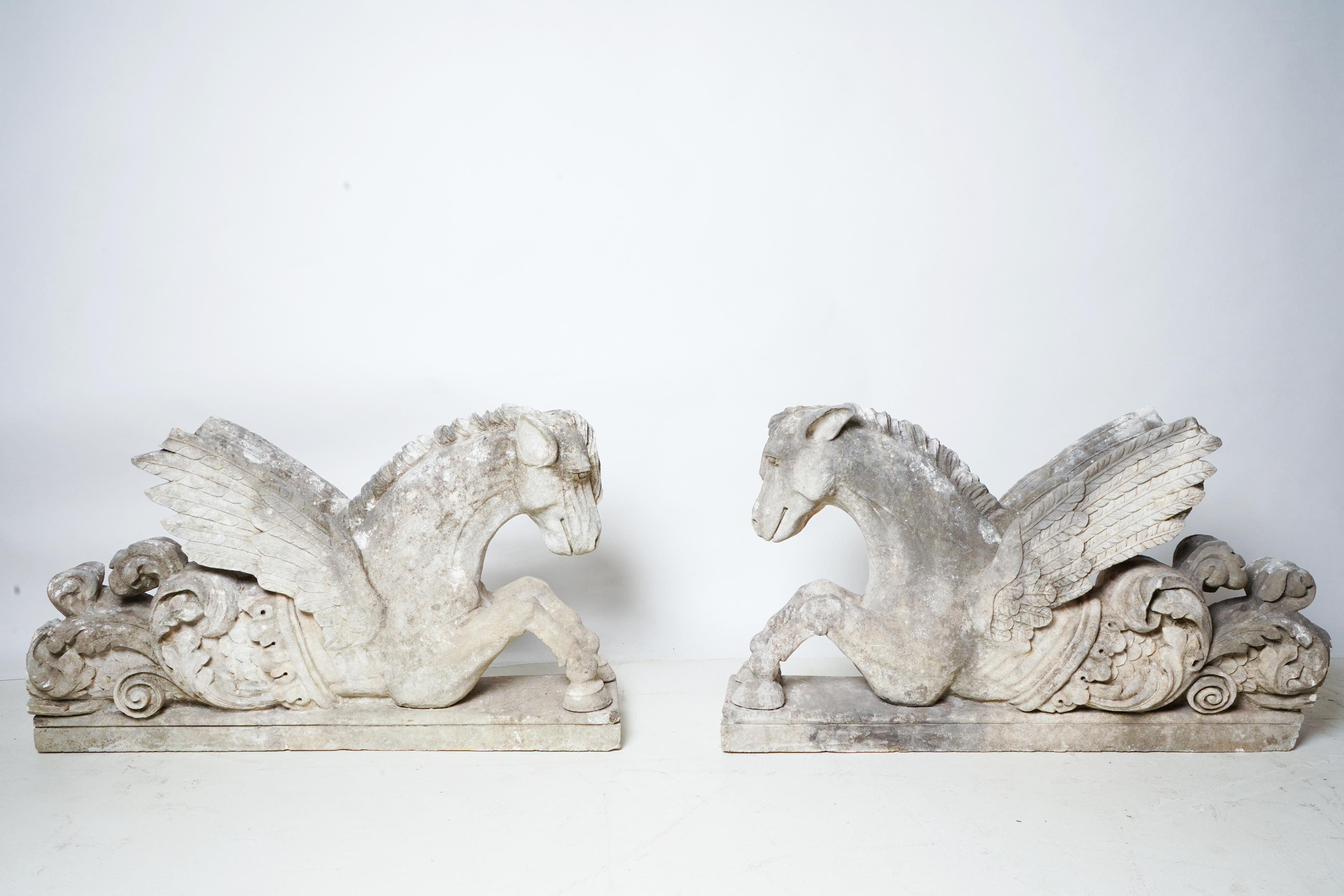 Hand-Carved 18th Century Pair of Limestone Winged Horses For Sale