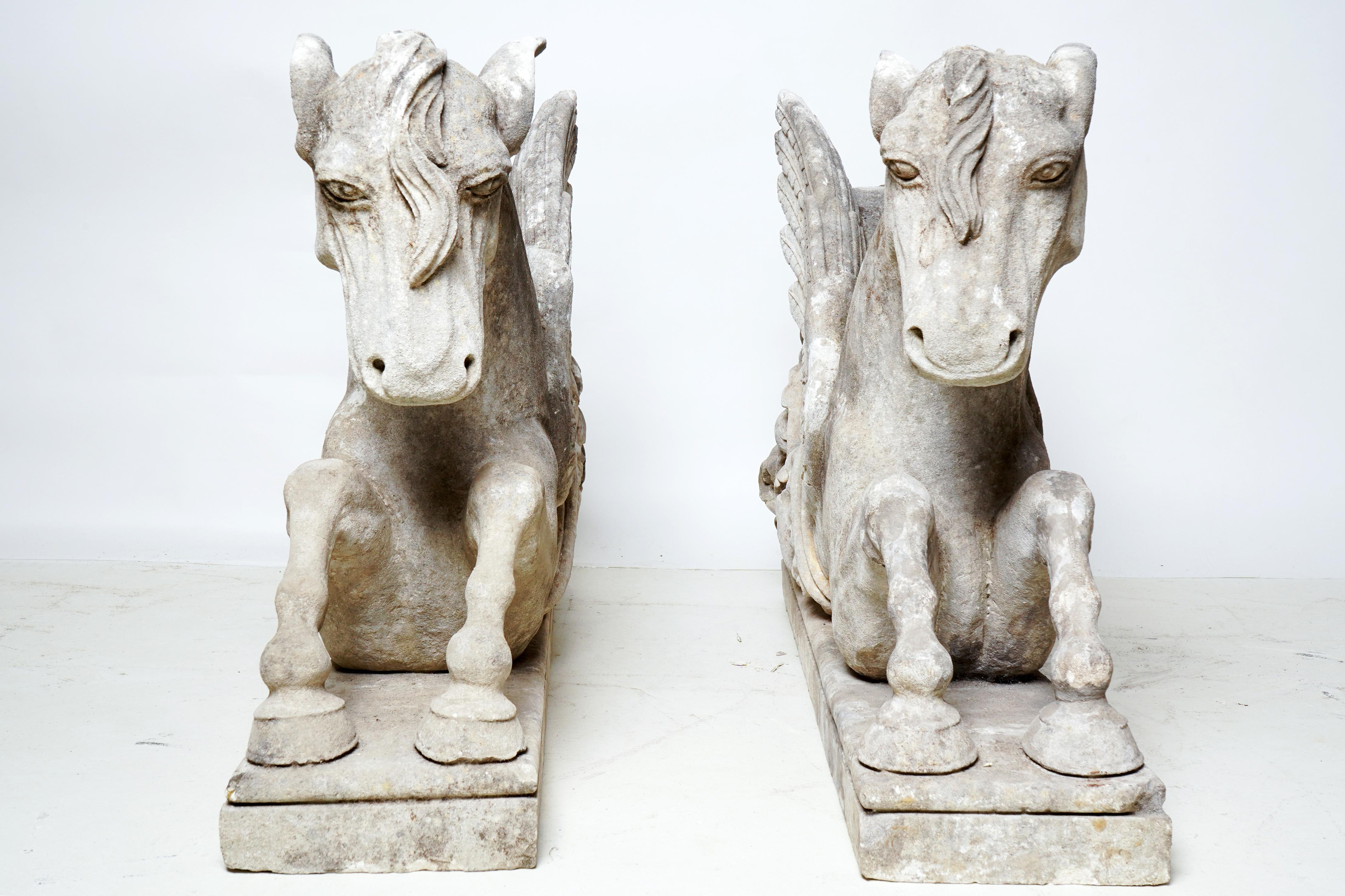 18th Century Pair of Limestone Winged Horses In Good Condition For Sale In Chicago, IL