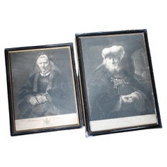 Paar Lithographie-Stickerei-Stiche „A Stern Rabbi“ und „Rembrandt's Wife“, 18. Jahrhundert 