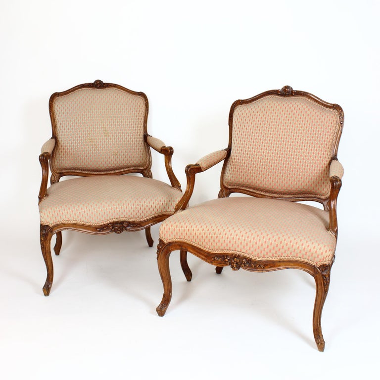 18th Century Pair of Louis XV Carved Walnut Armchairs, Stamped ...