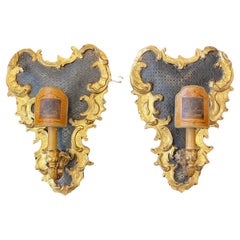 Antique 18th Century Pair of Louis XV Rococo Style Italian Sconces in Gilded Wood 