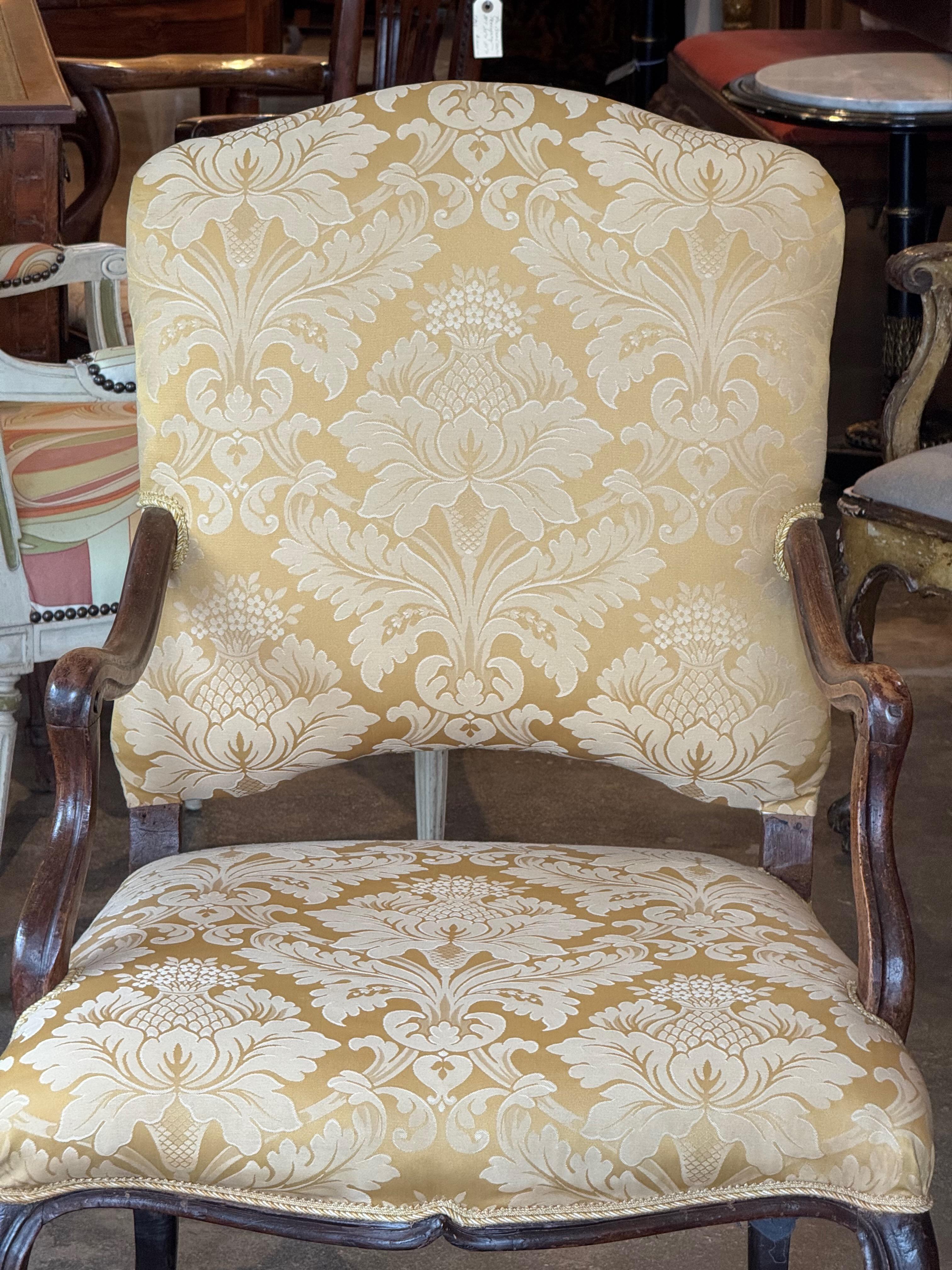 18th Century Pair of Louis XV Style Fauteuils With Carved Walnut Frames For Sale 1