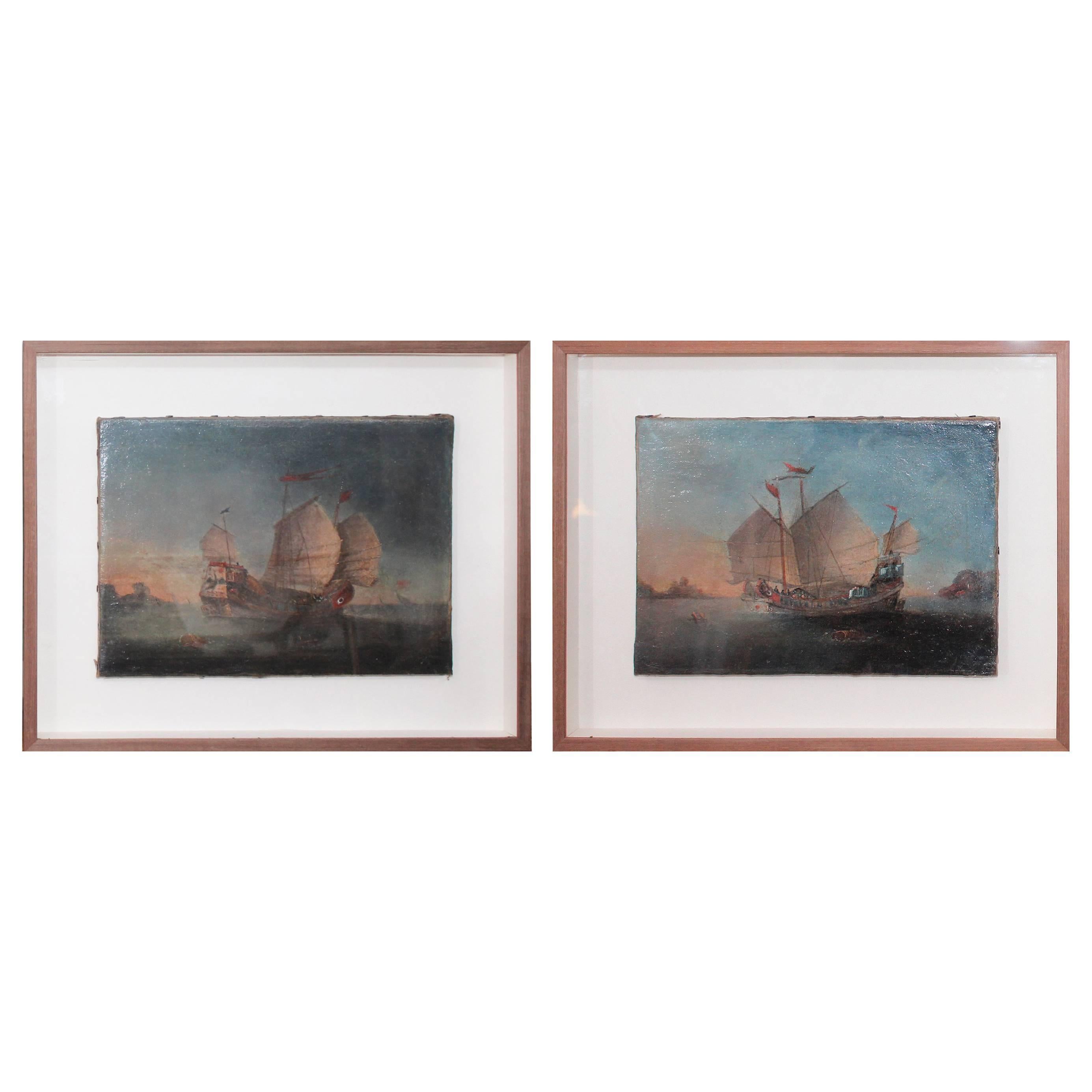 18th Century Pair of Marines Oil on Canvas Paintings