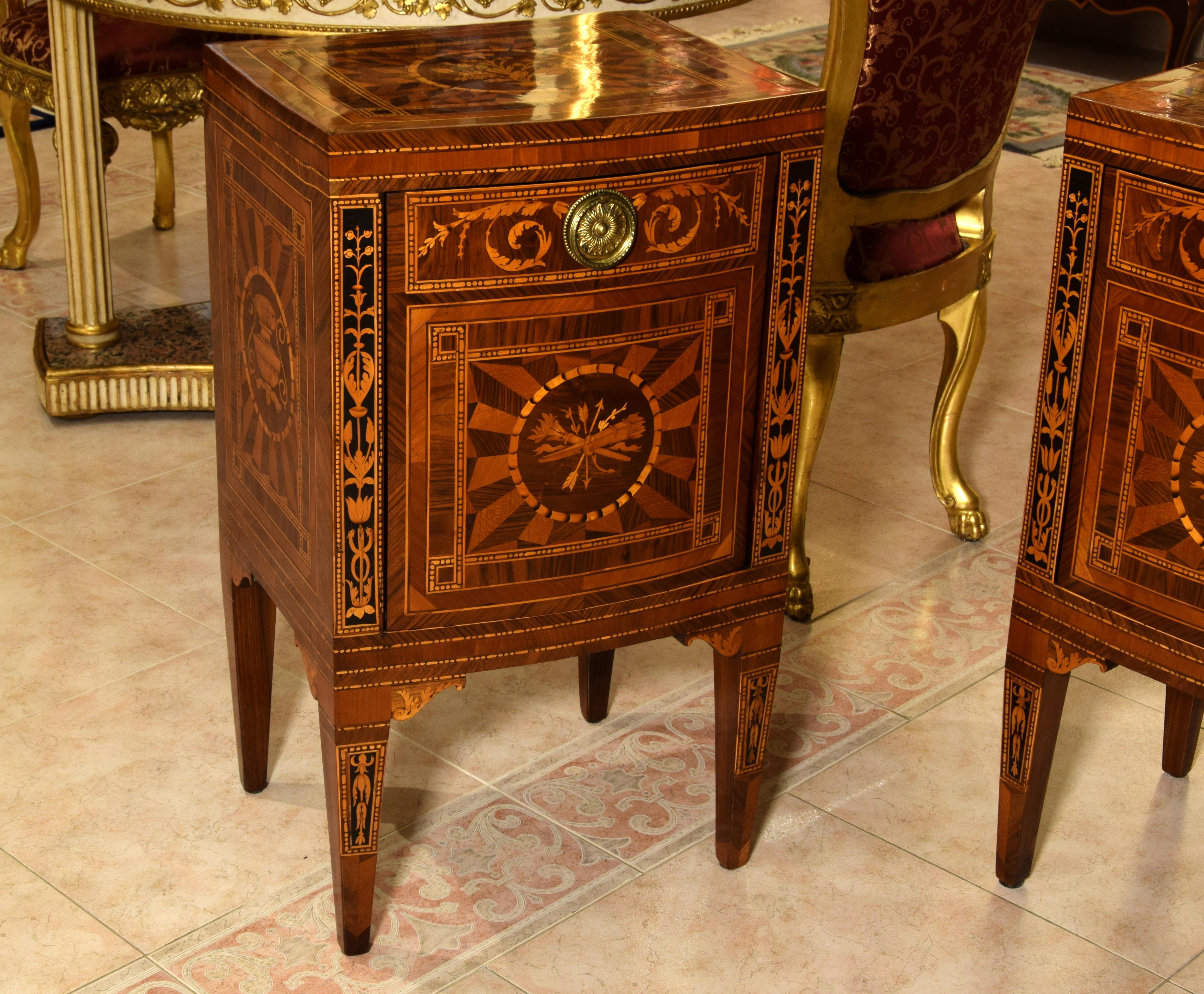 Inlay 18th Century, Pair of Neoclassical Italian Inlaid Wood Bedside Tables