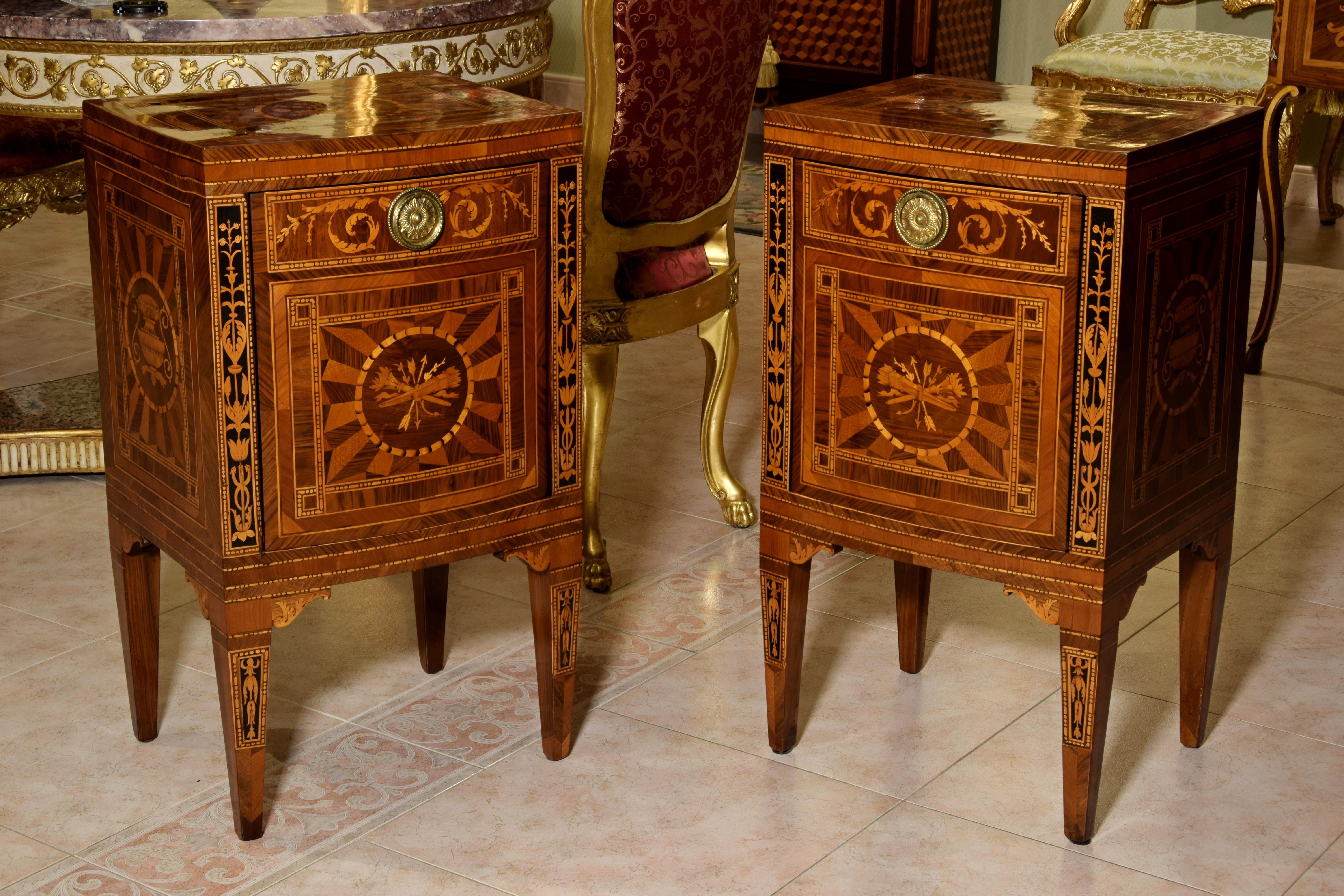 18th Century, Pair of Neoclassical Italian Inlaid Wood Bedside Tables 1