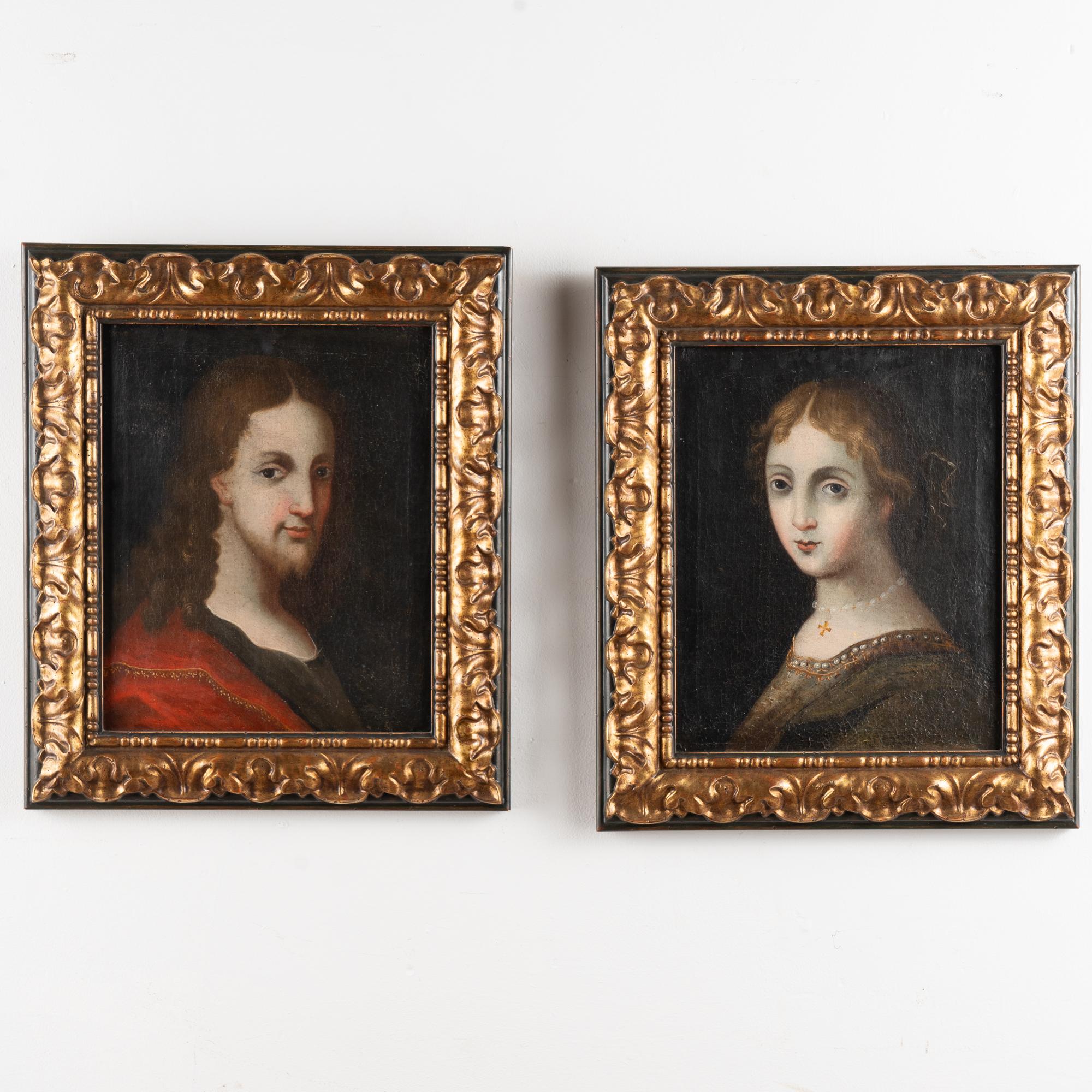 Original oil on canvas, a pair of portraits of a young woman with pearl necklace and a young man in a golden embroidered red cape. Unsigned. 
Condition: The canvas is relined. Retouches and repairs (see backs). A mark along the edge of the